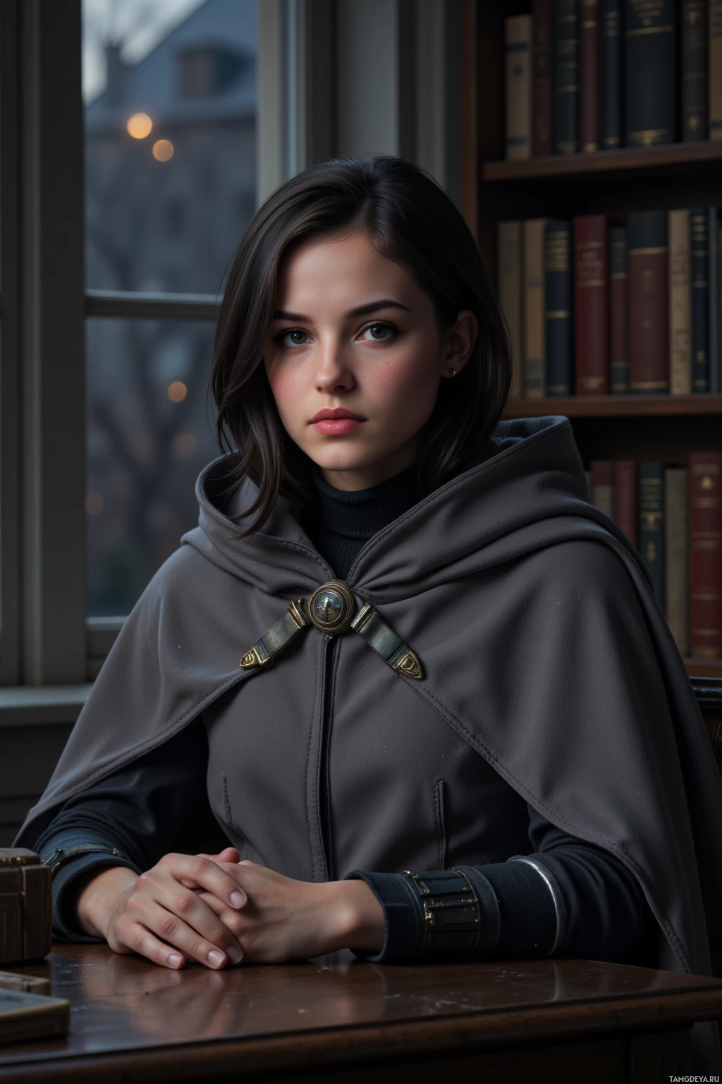 A person wearing a dark cloak with a buttoned collar sits at a desk in a library.