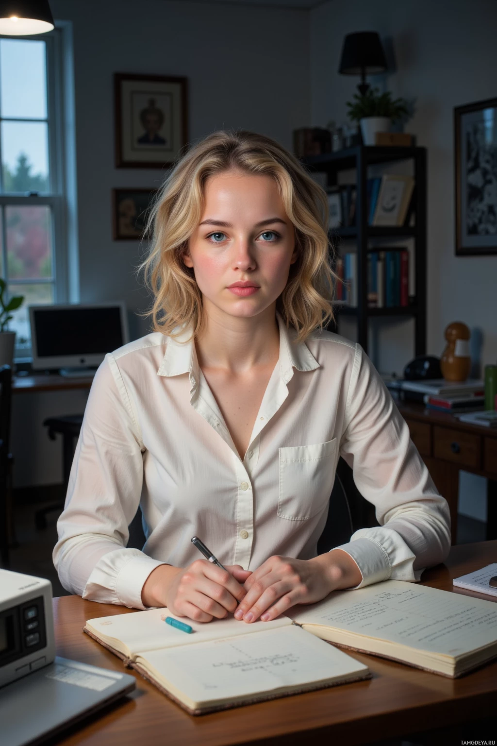 A woman sits at a desk in a home office, writing in a notebook.