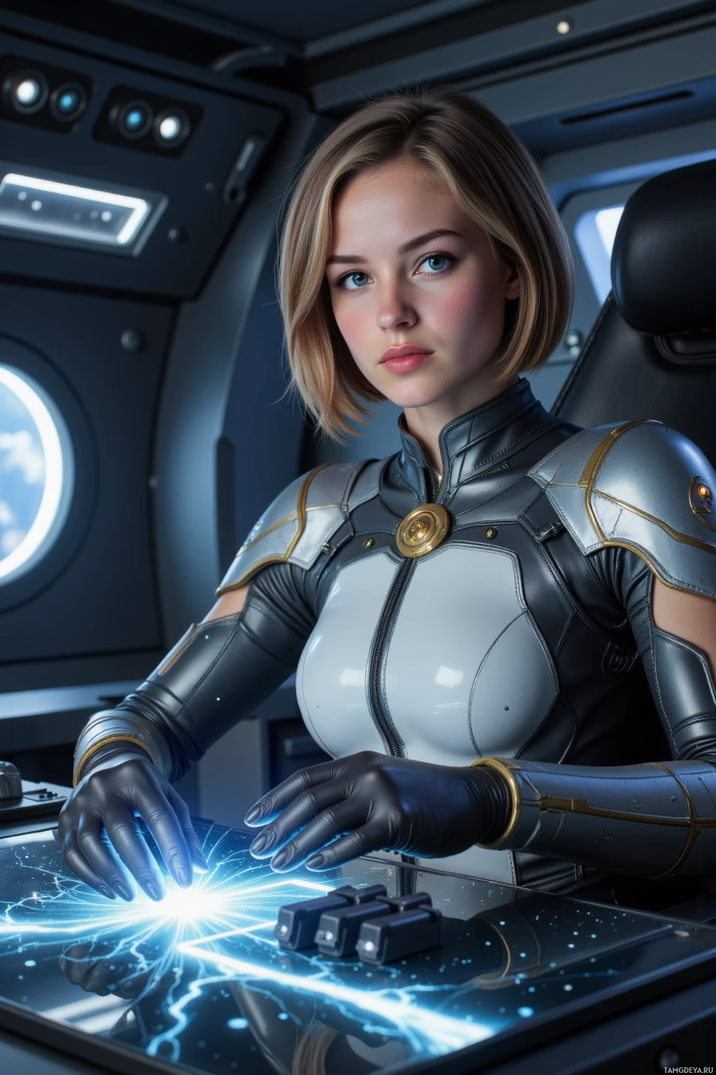 A person in futuristic armor interacts with a glowing, high-tech interface.