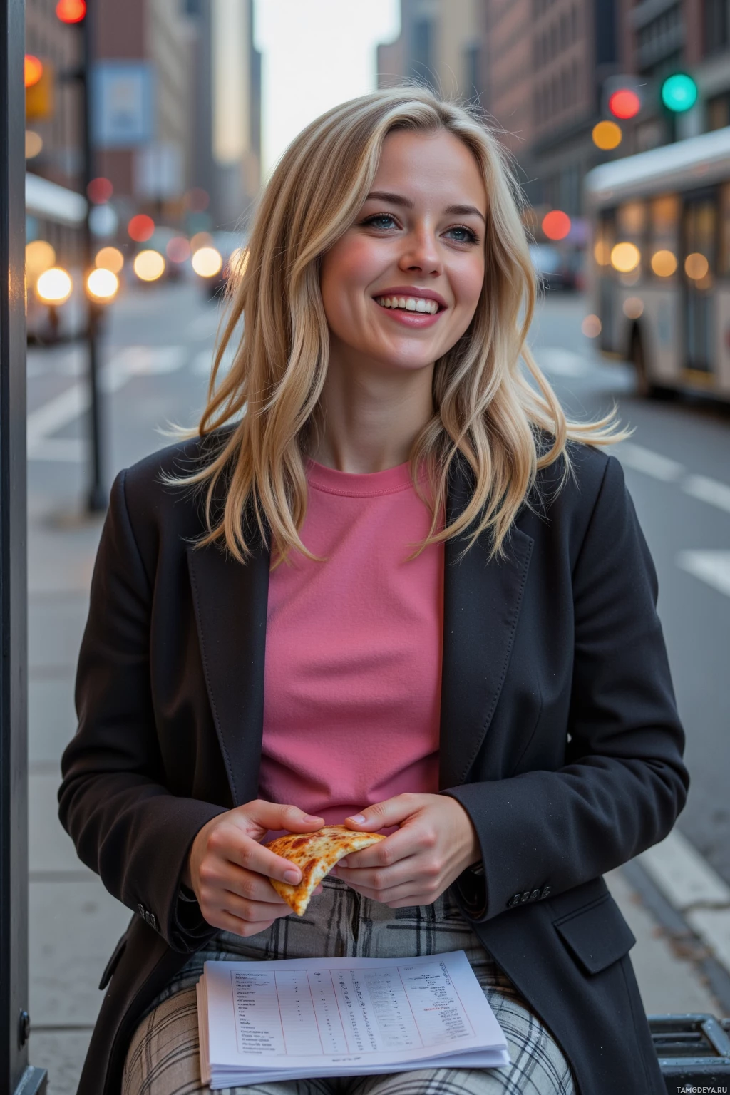 A woman in a city setting holds a piece of pizza and a notebook.
