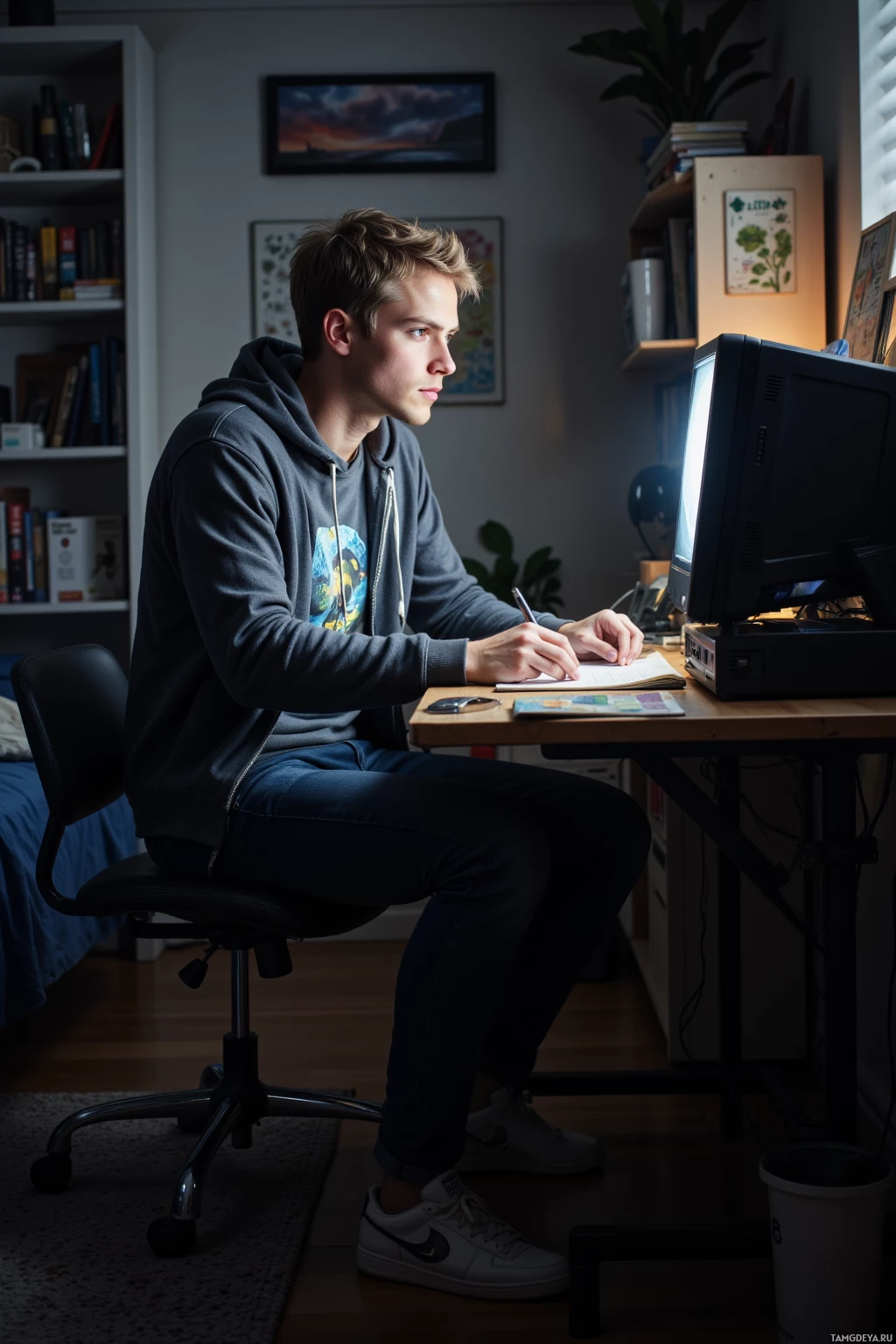 A person is sitting at a desk, working on a computer and taking notes in a notebook.