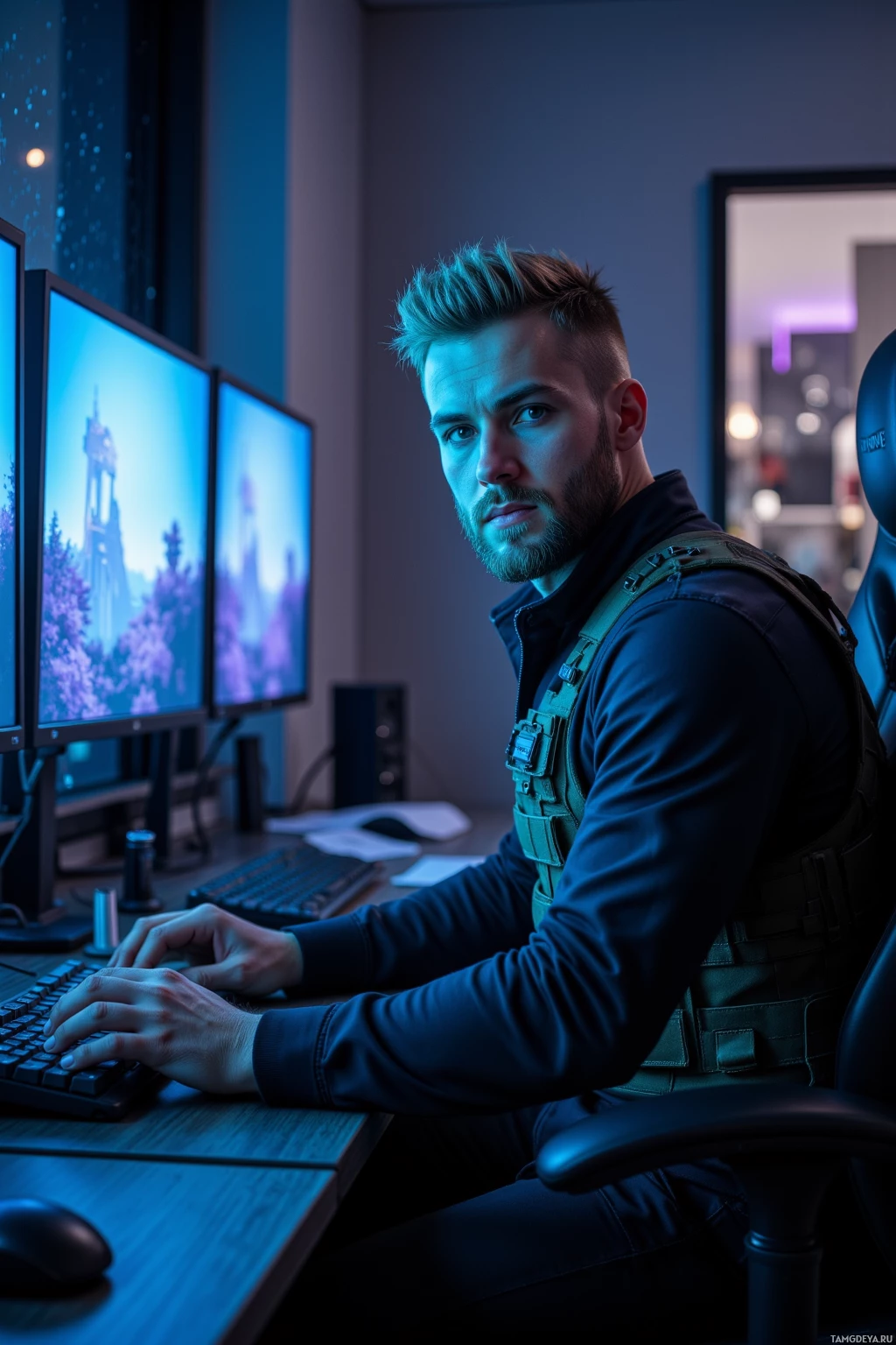 A man in tactical gear sits at a desk with multiple monitors, typing on a keyboard.