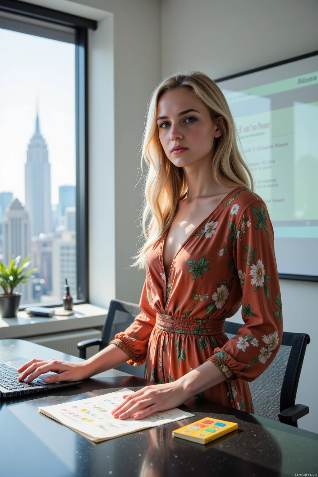 A woman in a floral dress stands at a desk in an office with a cityscape view.
