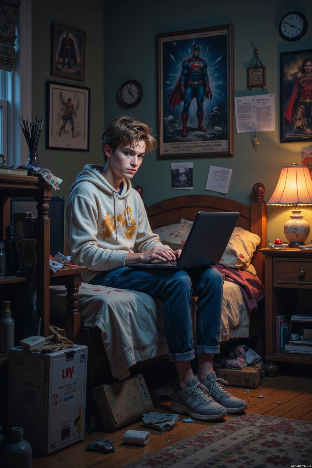 A young person sits on a bed in a dimly lit room, using a laptop.