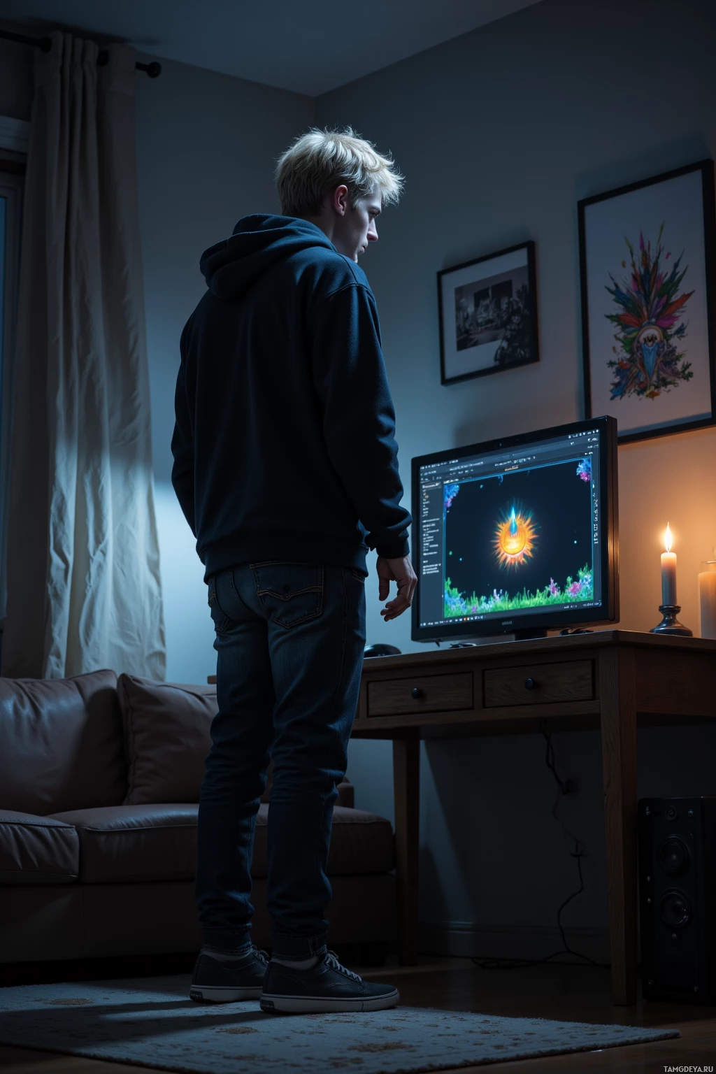 A person stands in a dimly lit room, facing a computer monitor displaying a colorful digital artwork.