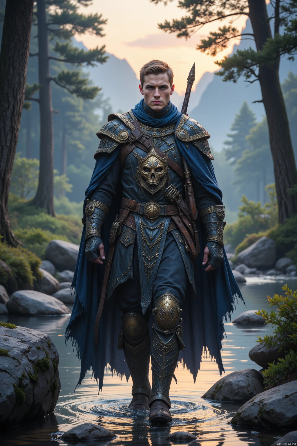 A warrior in ornate armor stands in a serene forest at sunset.