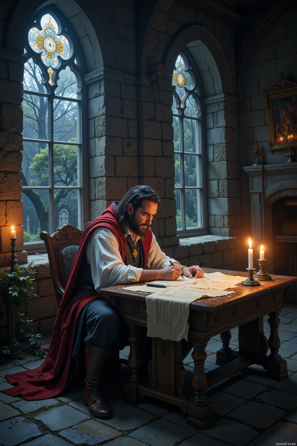 A man in historical attire sits at a table, writing with a quill in a dimly lit room with arched windows.