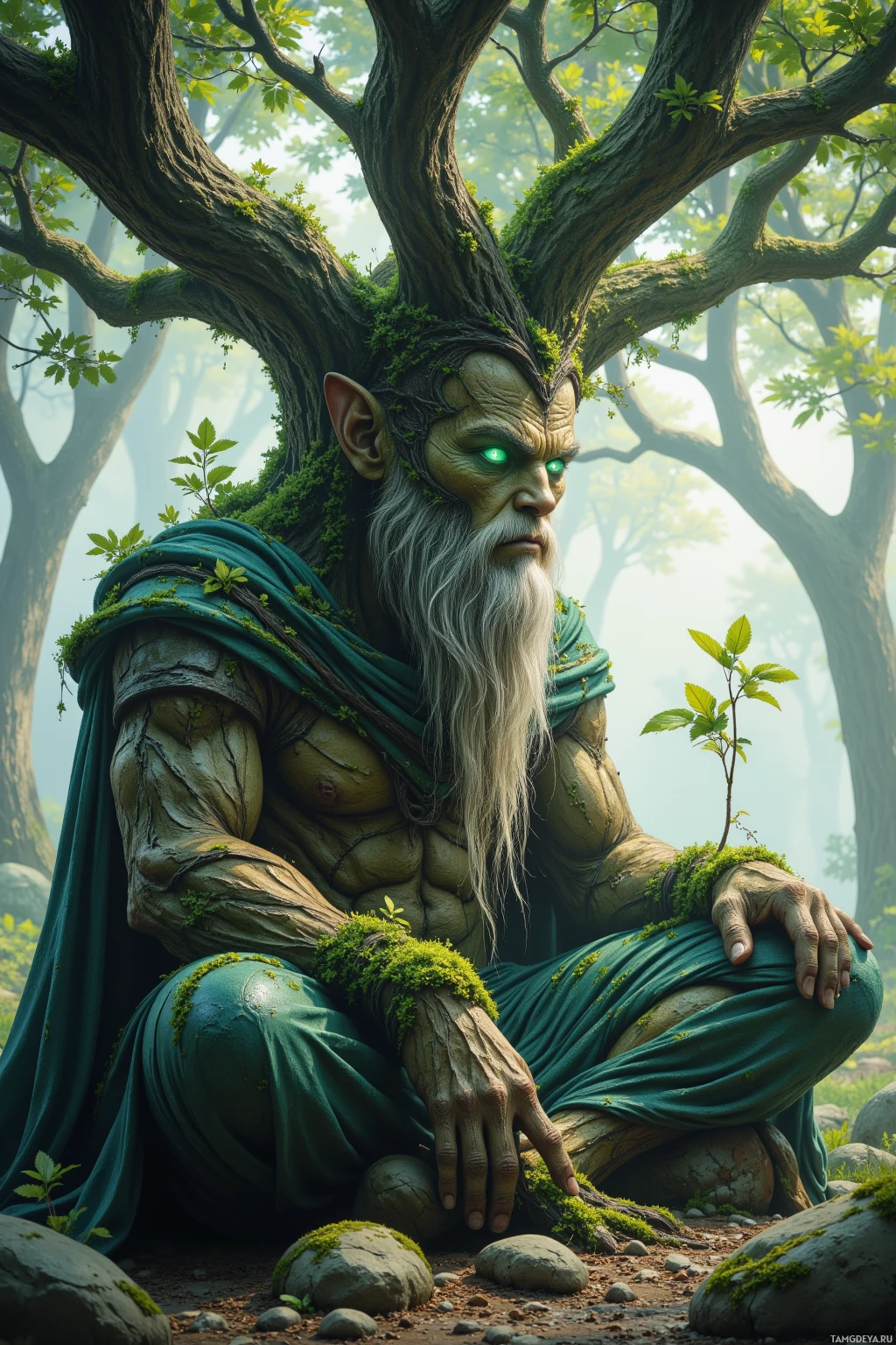 A muscular, green-skinned figure with a long white beard and glowing eyes, draped in a green cloak, sits amidst a forest setting.