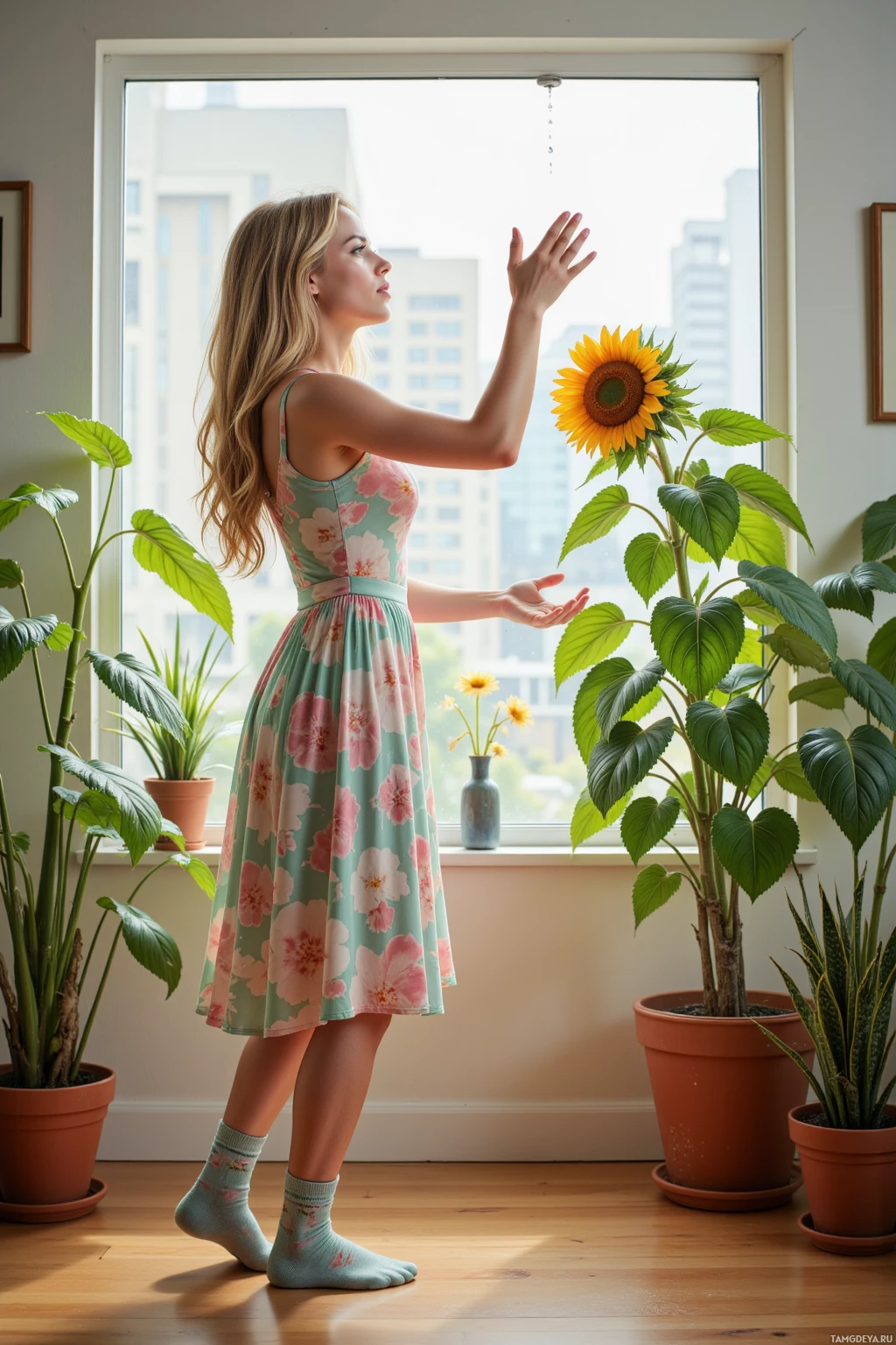 A woman in a floral dress stands near a window, reaching out towards a sunflower.