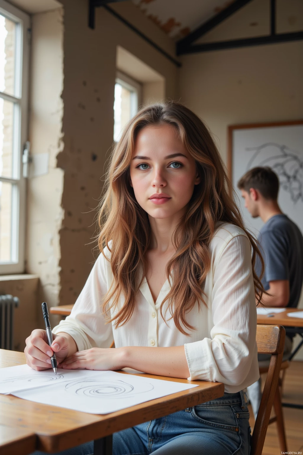 A student is sitting at a desk in a classroom, writing on a piece of paper.