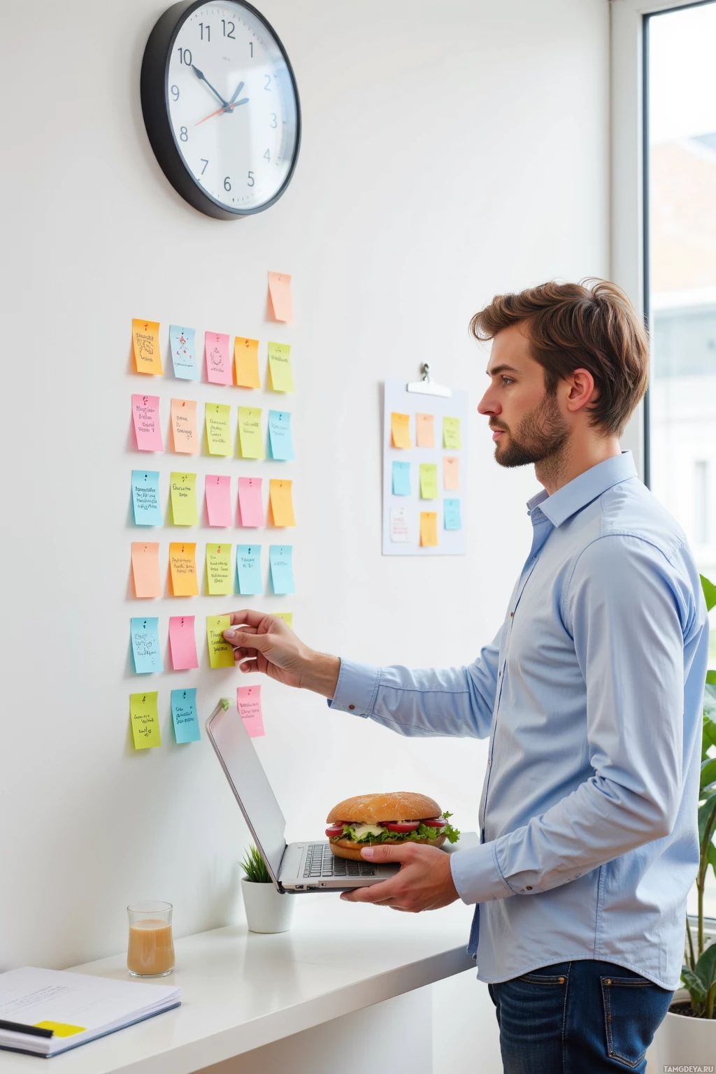 A man stands in an office, holding a laptop and a sandwich, looking at sticky notes on a wall.