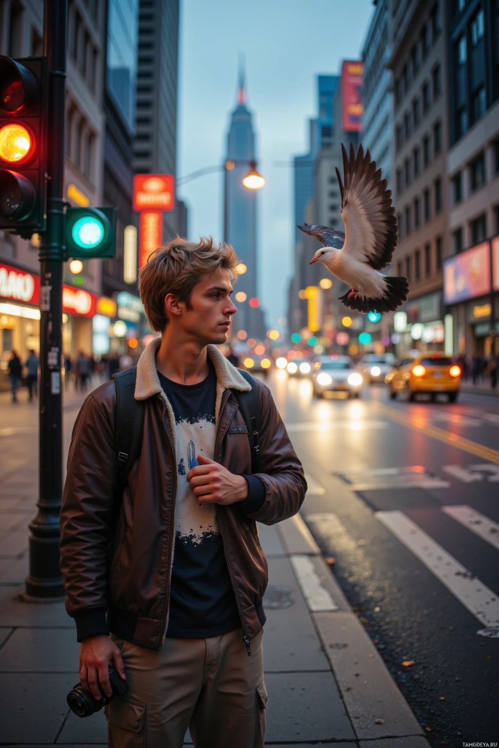 A person stands on a city street with a pigeon flying nearby, under a traffic light and illuminated by evening lights.