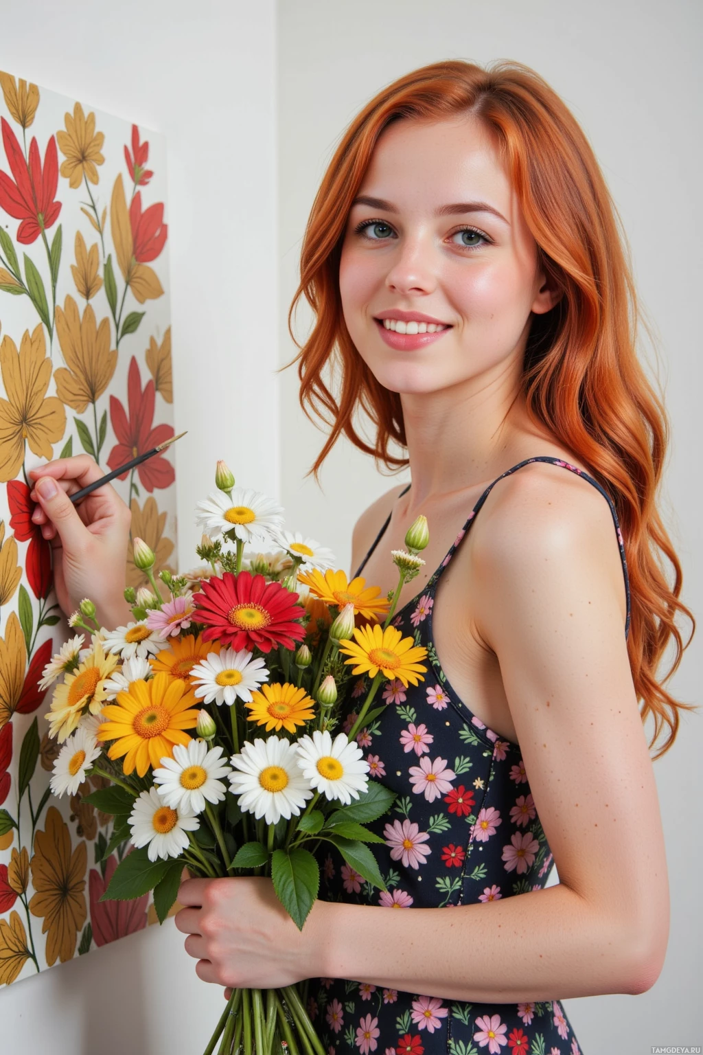 A person with red hair holds a bouquet of colorful flowers.