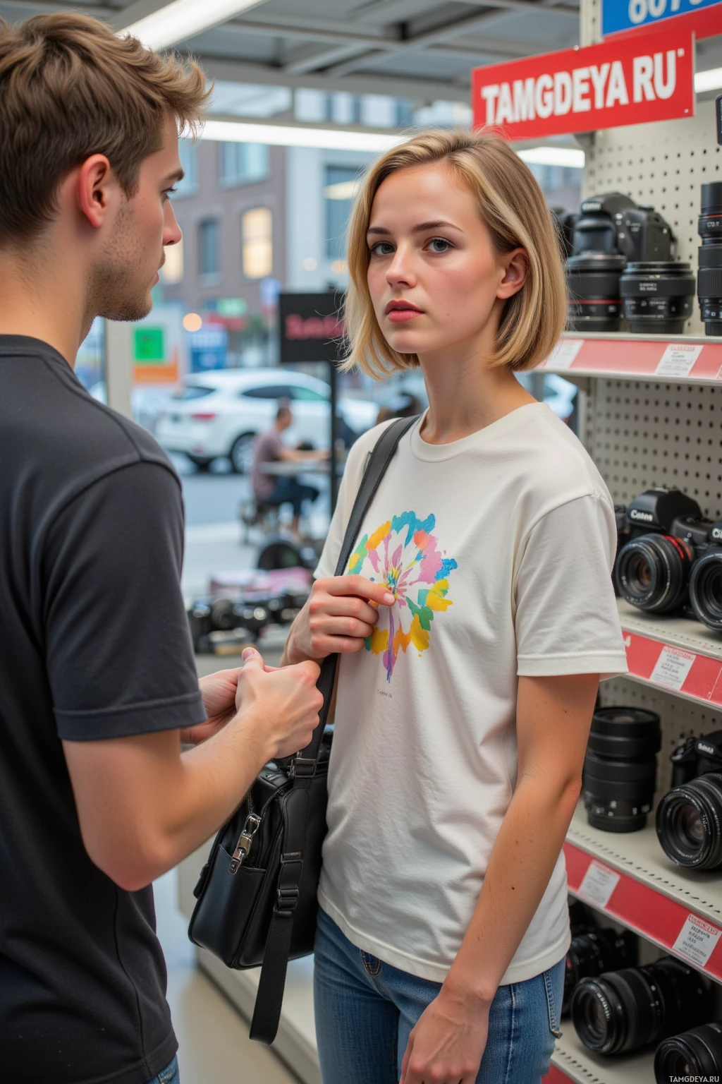 A man and a woman are standing in a camera store, engaged in conversation.