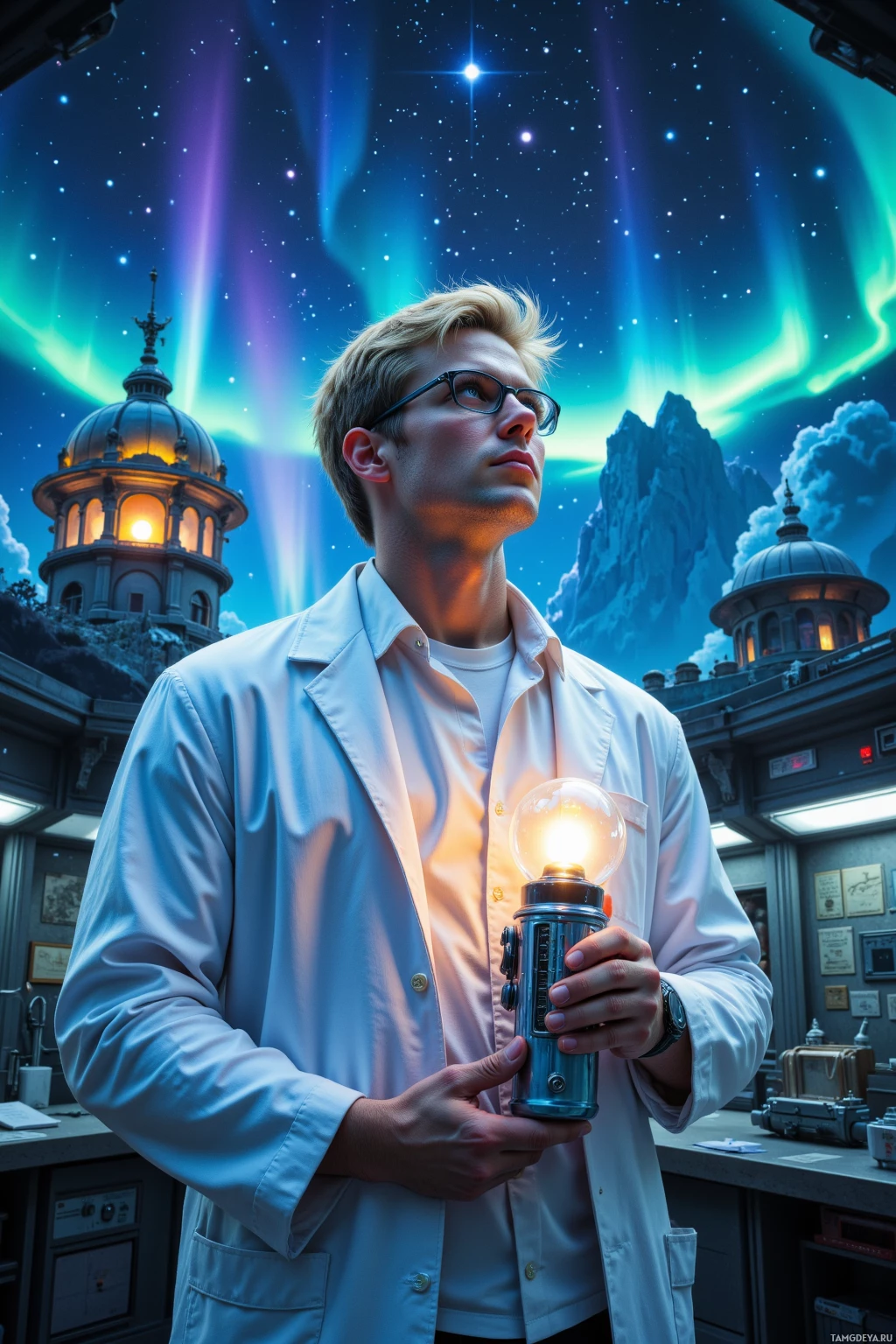 A person in a lab coat holds a glowing device, with a starry sky and a dome-topped building in the background.