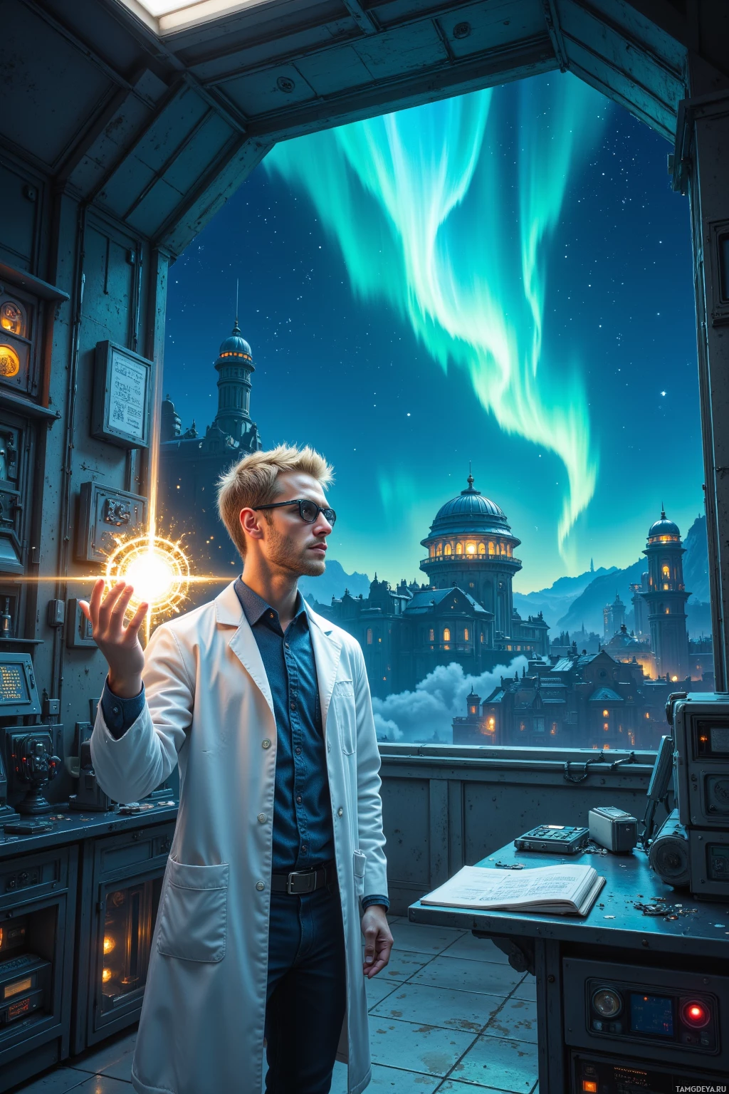 A scientist in a lab coat stands in a futuristic control room, gazing at a cityscape with glowing auroras in the sky.