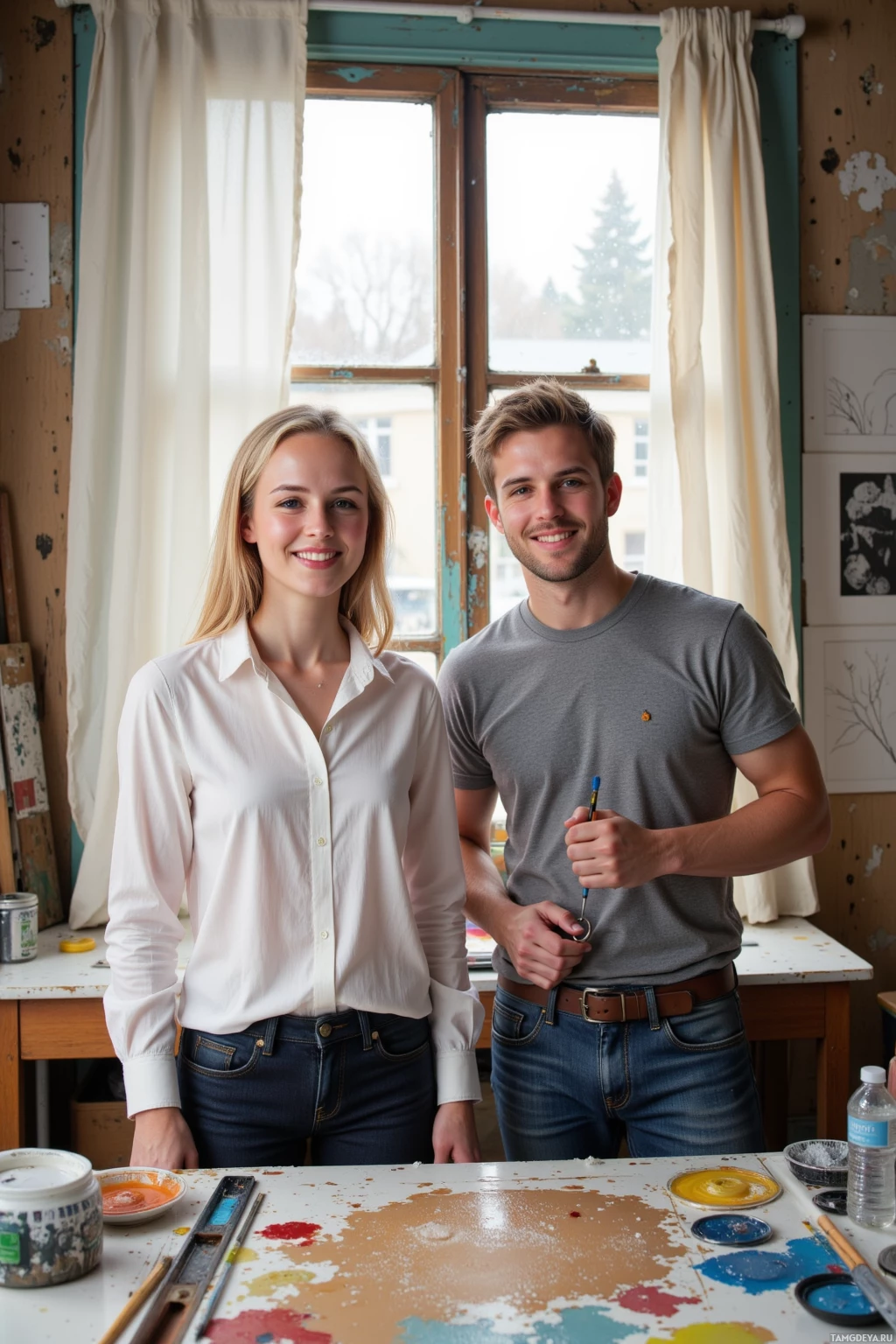 Two individuals stand in a studio, smiling, with paint splatters on the table in front of them.
