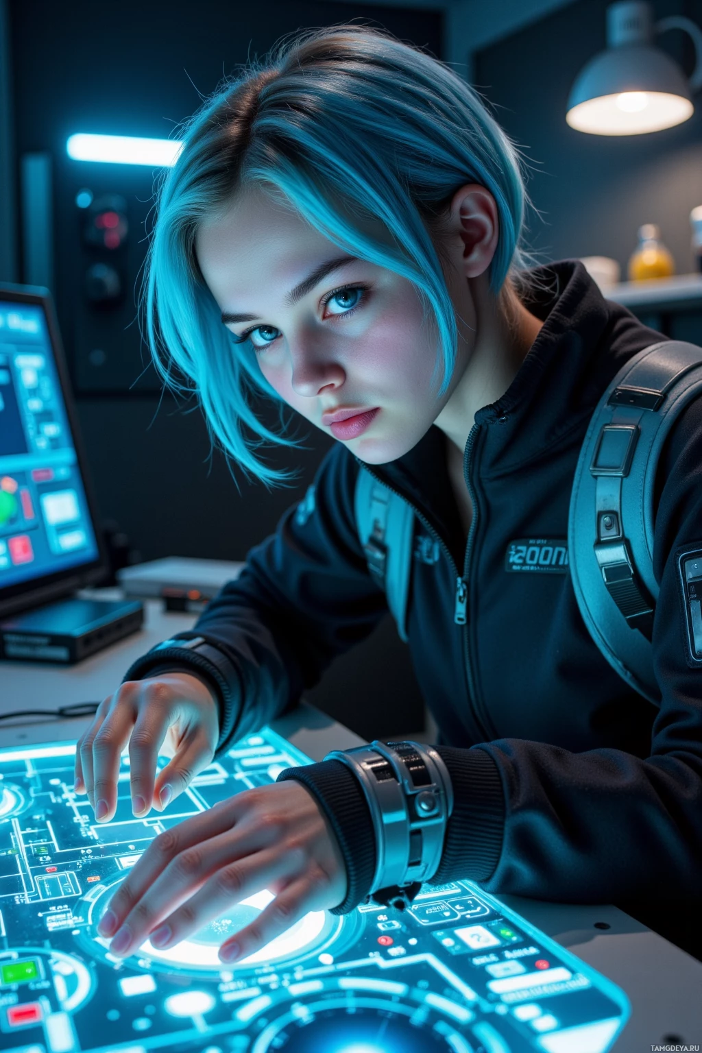 A person with blue hair is interacting with a futuristic control panel.
