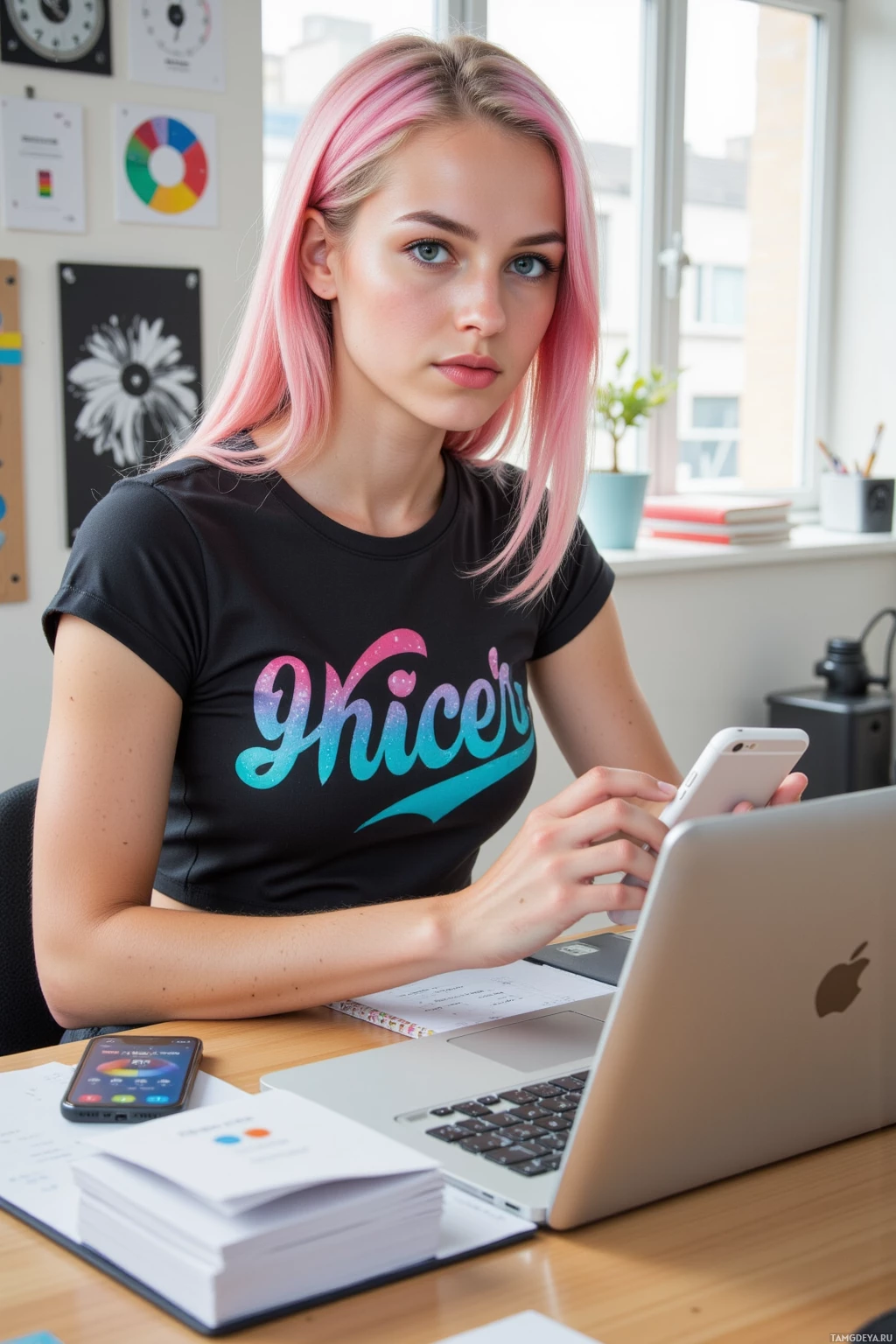 A person with pink hair sits at a desk using a laptop and holding a phone.