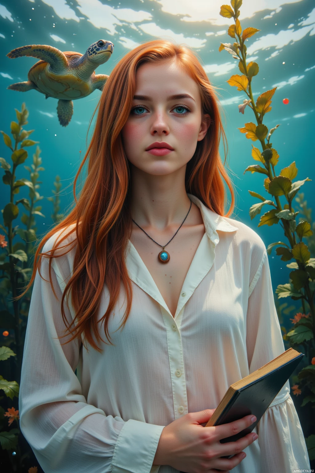 A woman with long red hair stands underwater, holding a book, with a turtle and aquatic plants in the background.