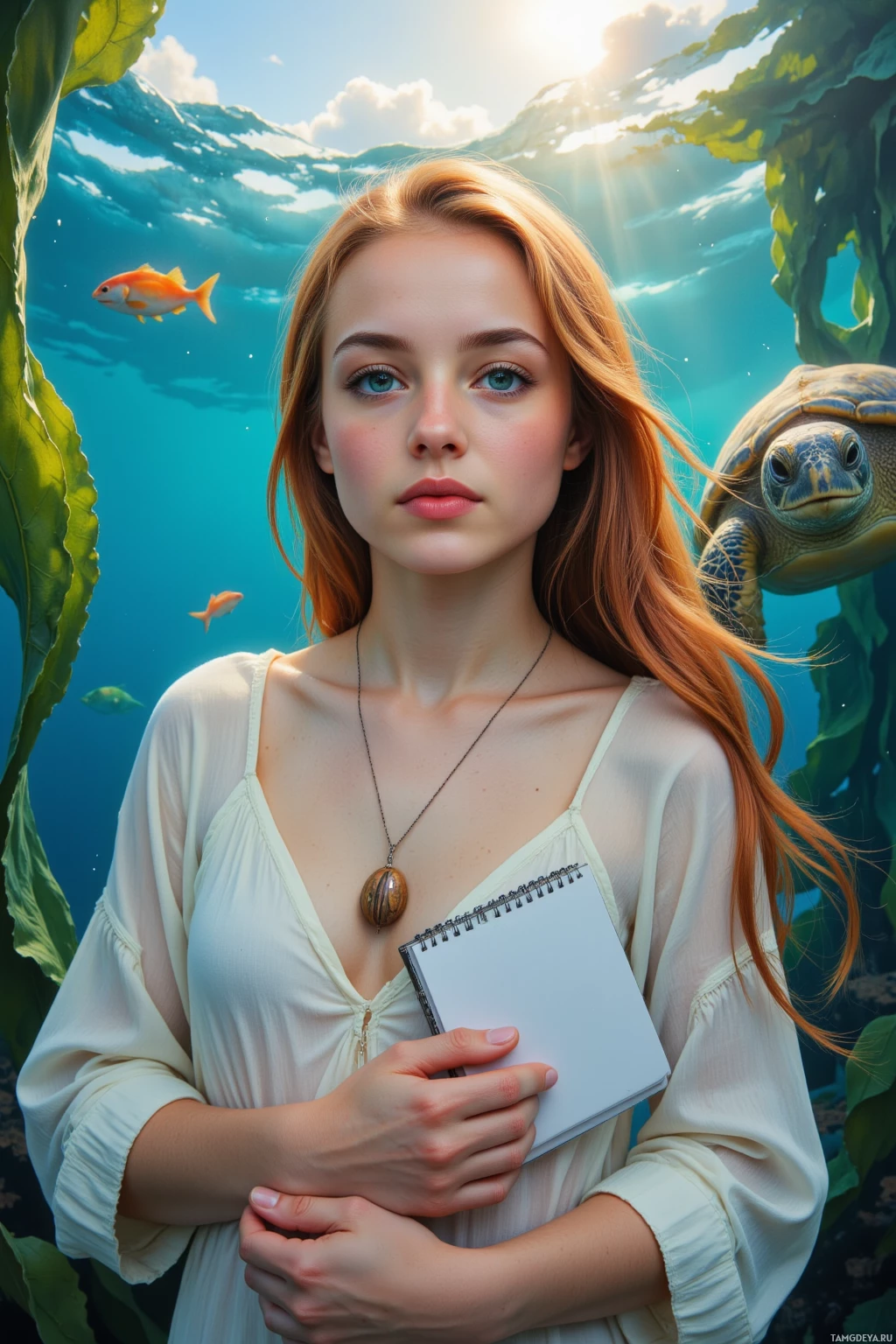 A woman with long red hair holds a notebook, surrounded by an underwater scene with fish and a turtle.