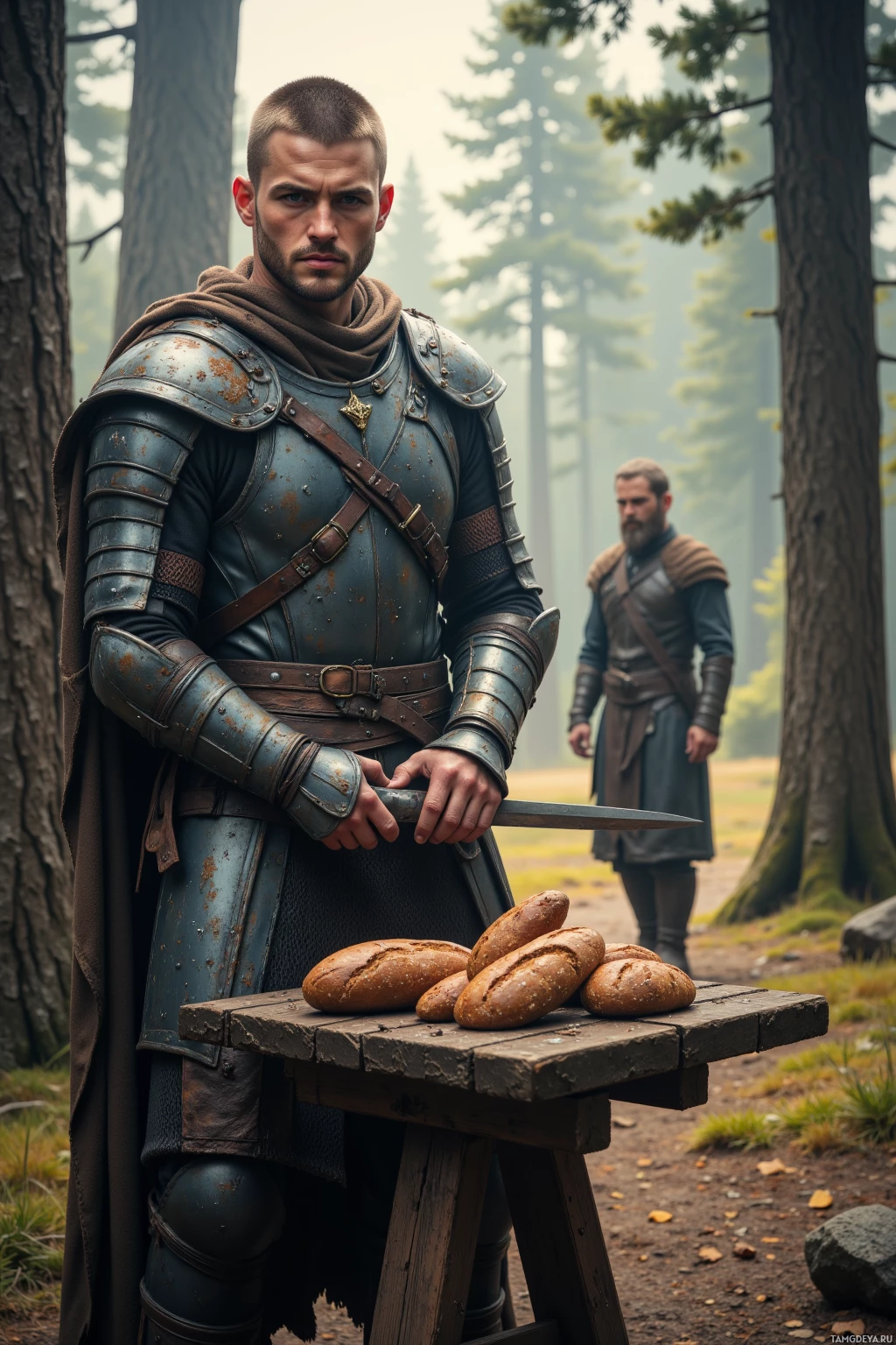A knight in armor stands beside a table with loaves of bread in a forest setting.