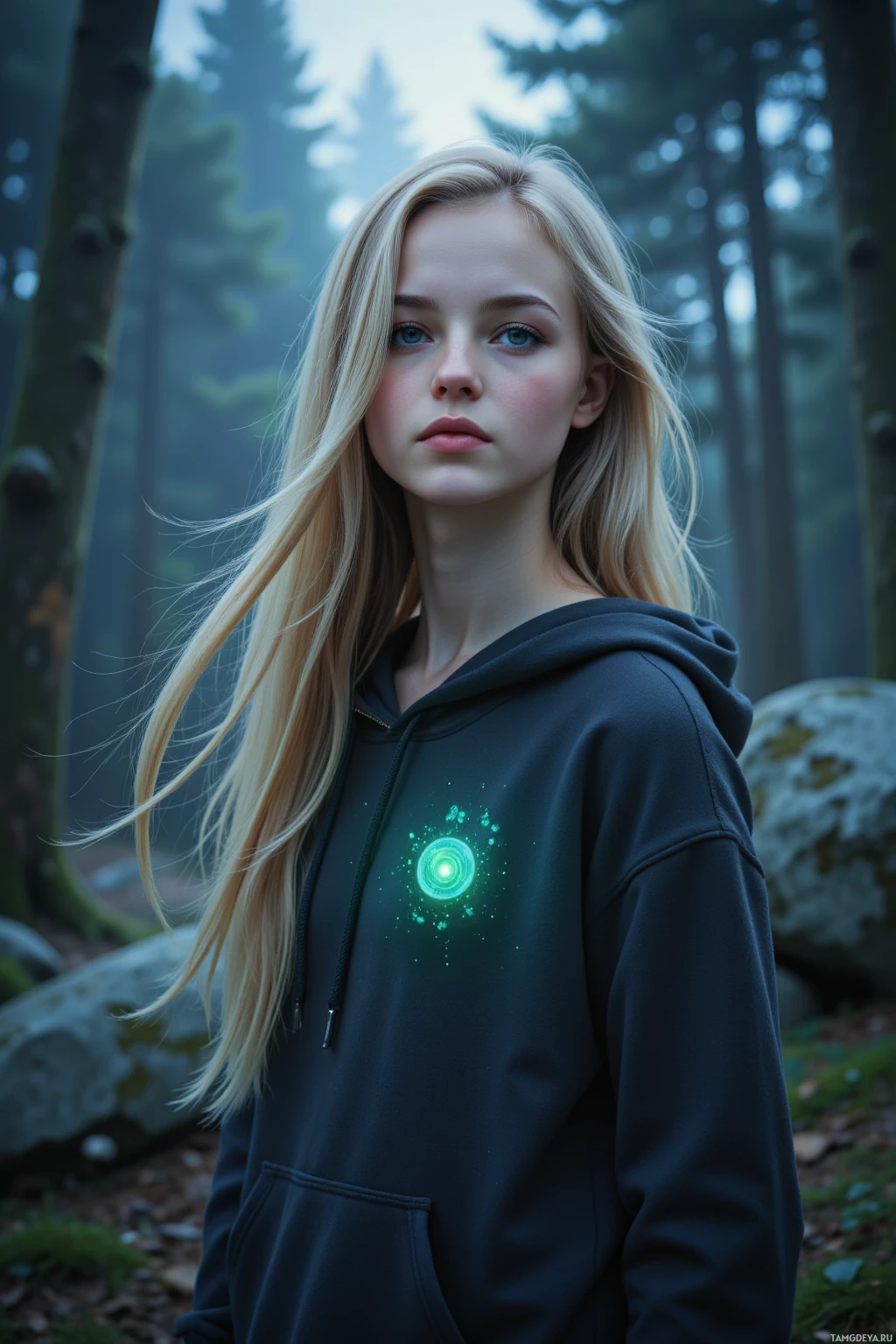 A person with long blonde hair stands in a misty forest, wearing a dark hoodie with a glowing emblem on the chest.