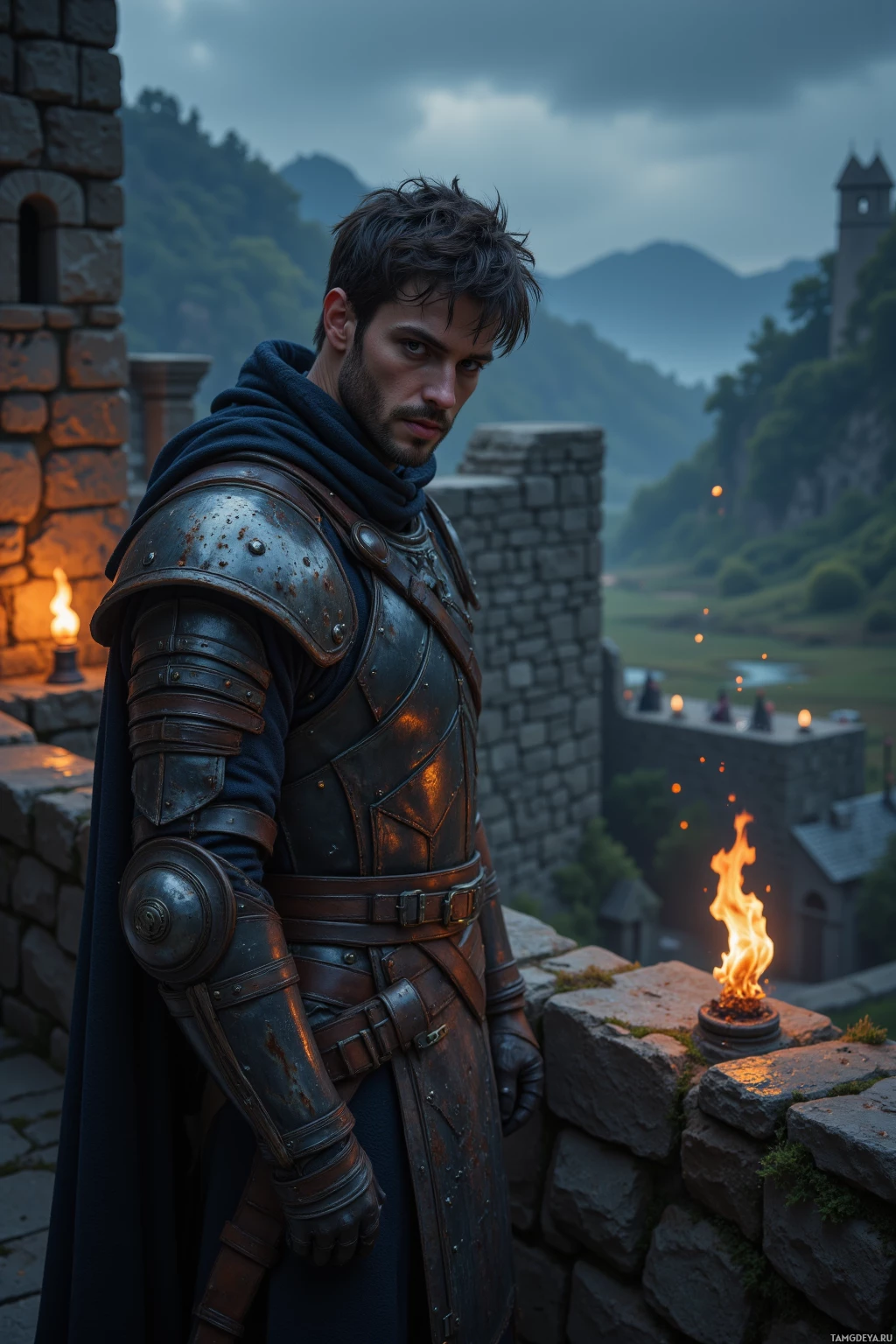 A knight in armor stands on a castle wall, gazing into the distance.