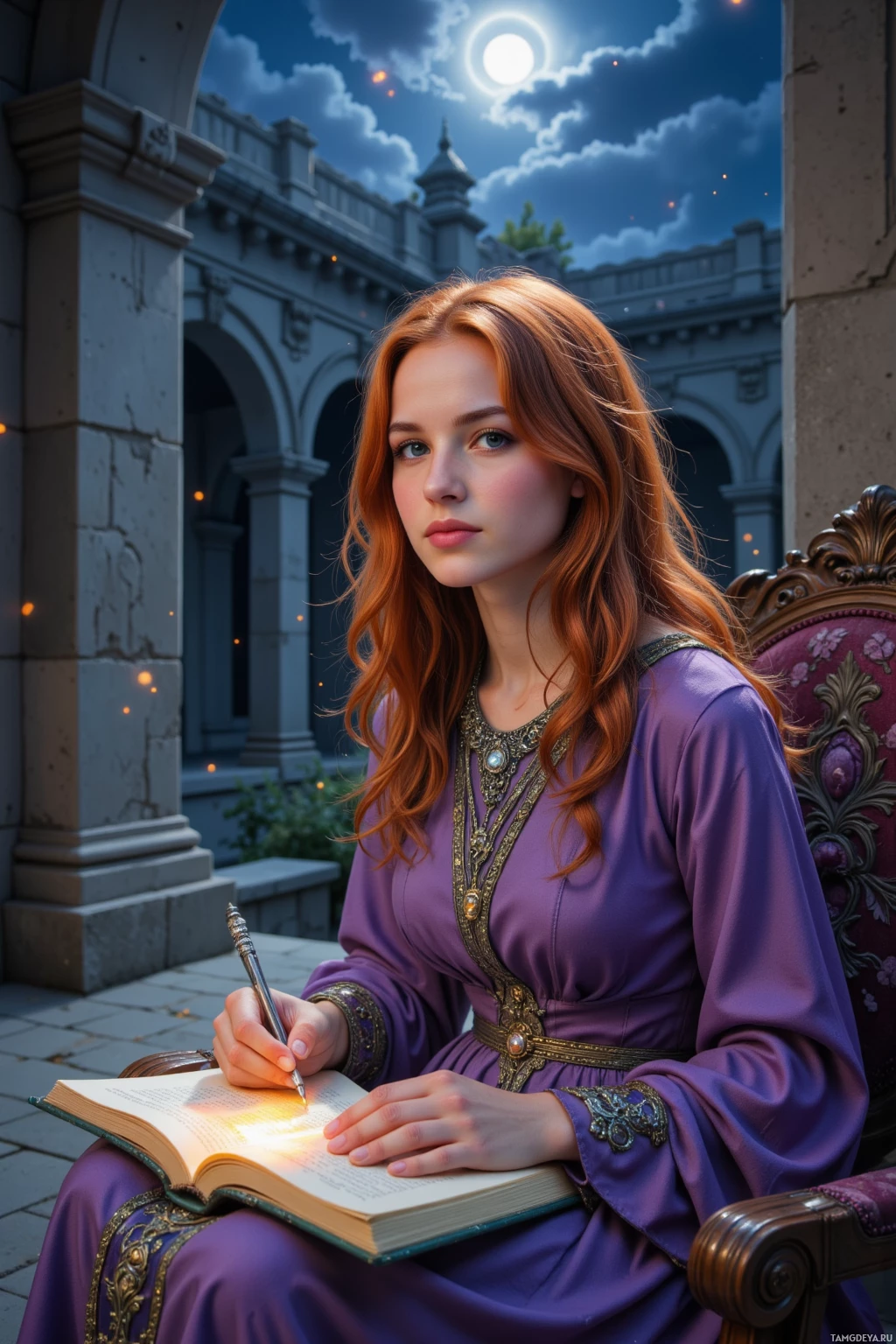 A woman in a purple dress sits on a chair, writing in a book under a night sky with a full moon.