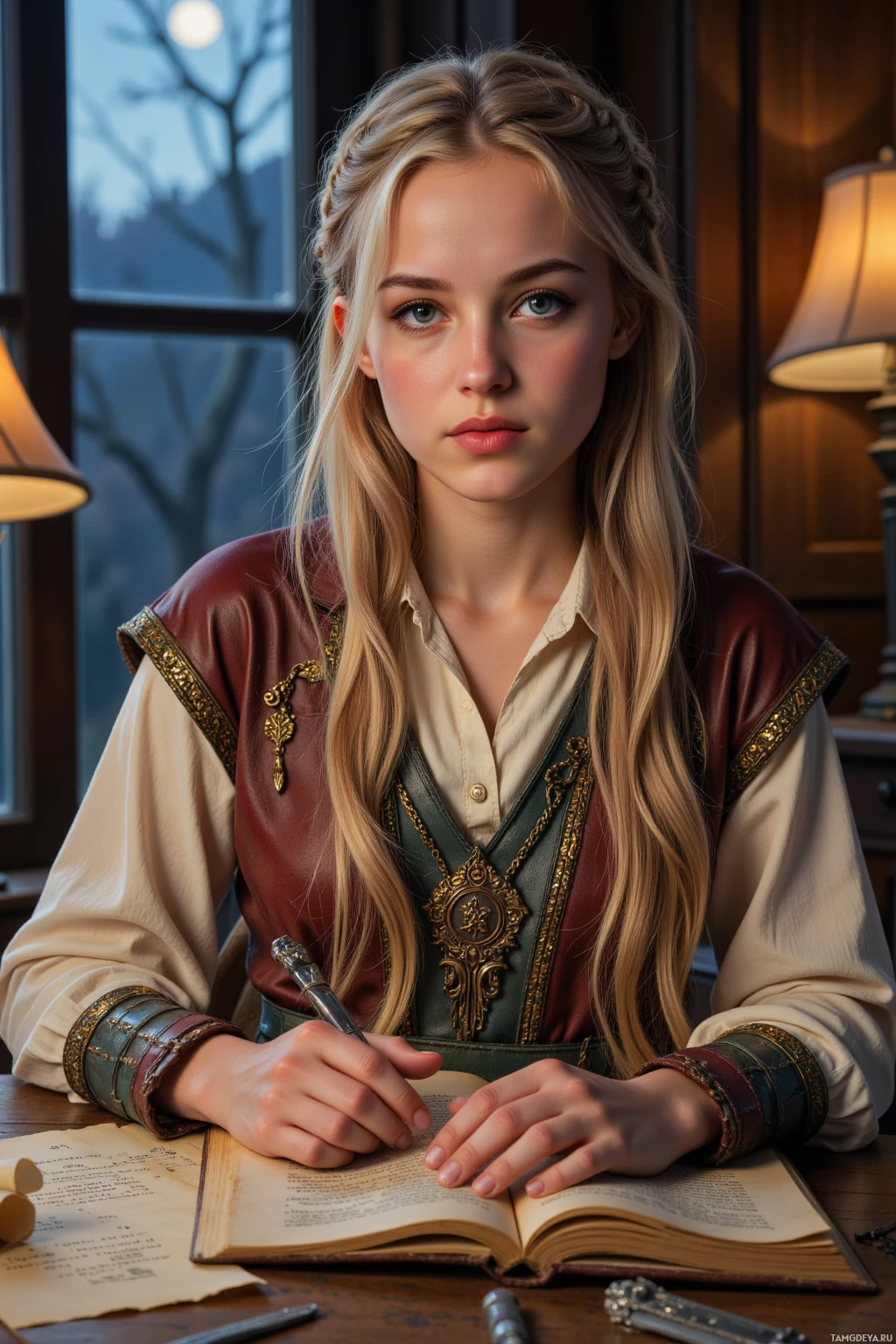 A person with long blonde hair is sitting at a desk, writing in a book with a quill pen.