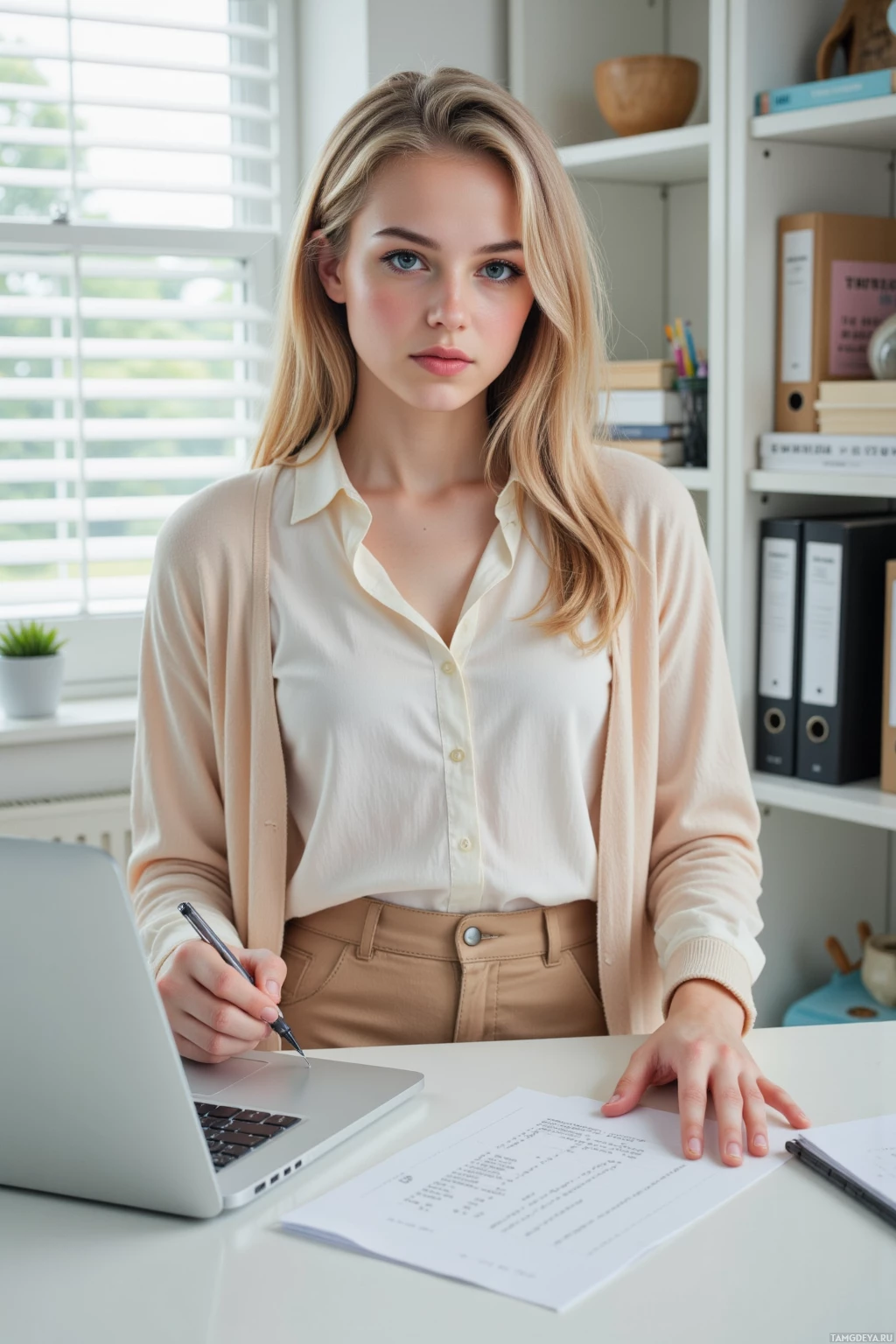 A woman sits at a desk in an office, holding a pen and looking at a document.
