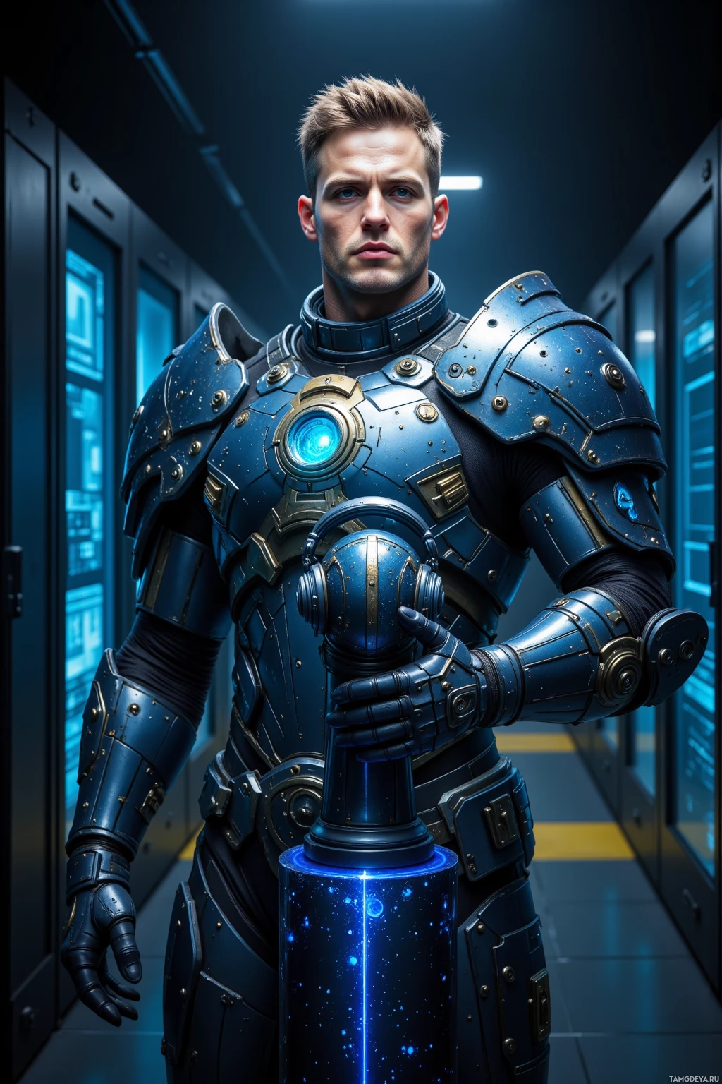A person in futuristic blue armor stands in a dimly lit corridor.