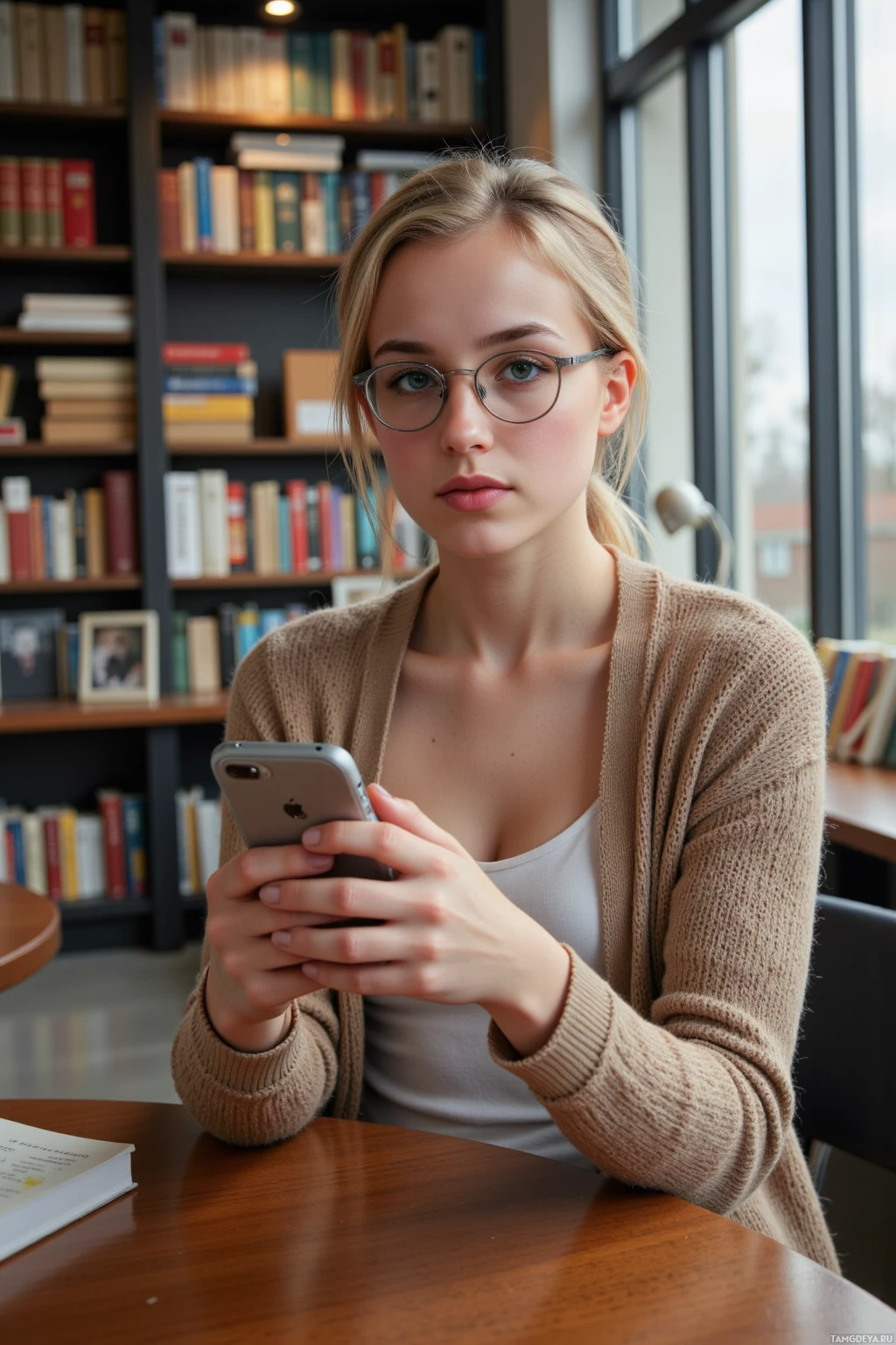 A person wearing glasses and a beige cardigan sits at a table in a library, holding a smartphone.