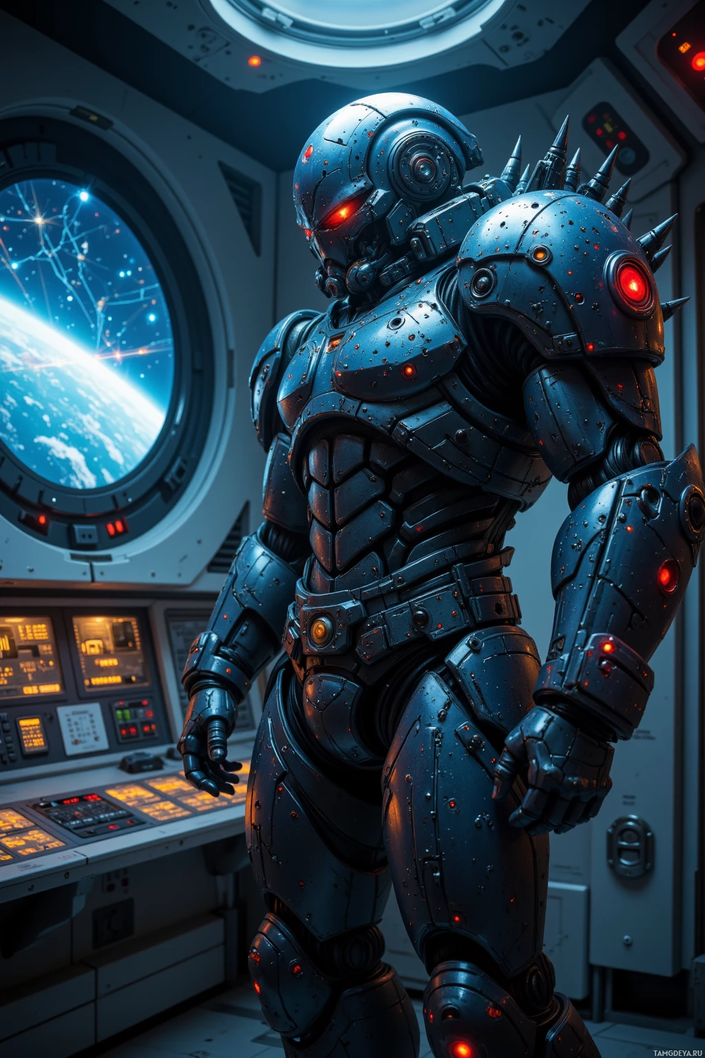 A futuristic robot stands in a space station, illuminated by glowing red lights.