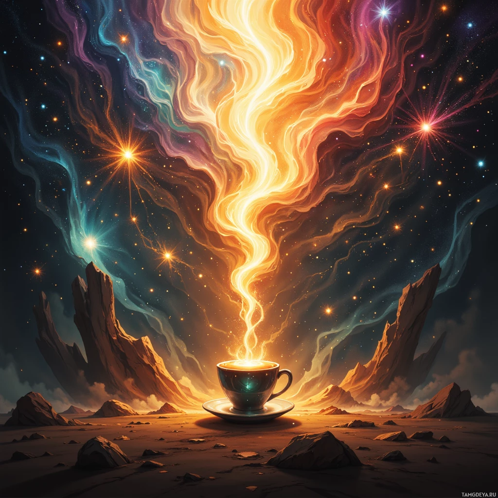 A surreal landscape featuring a glowing cup of coffee emitting cosmic energy against a starry sky.