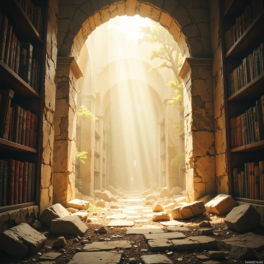 A sunlit, ancient library with stone arches and bookshelves.
