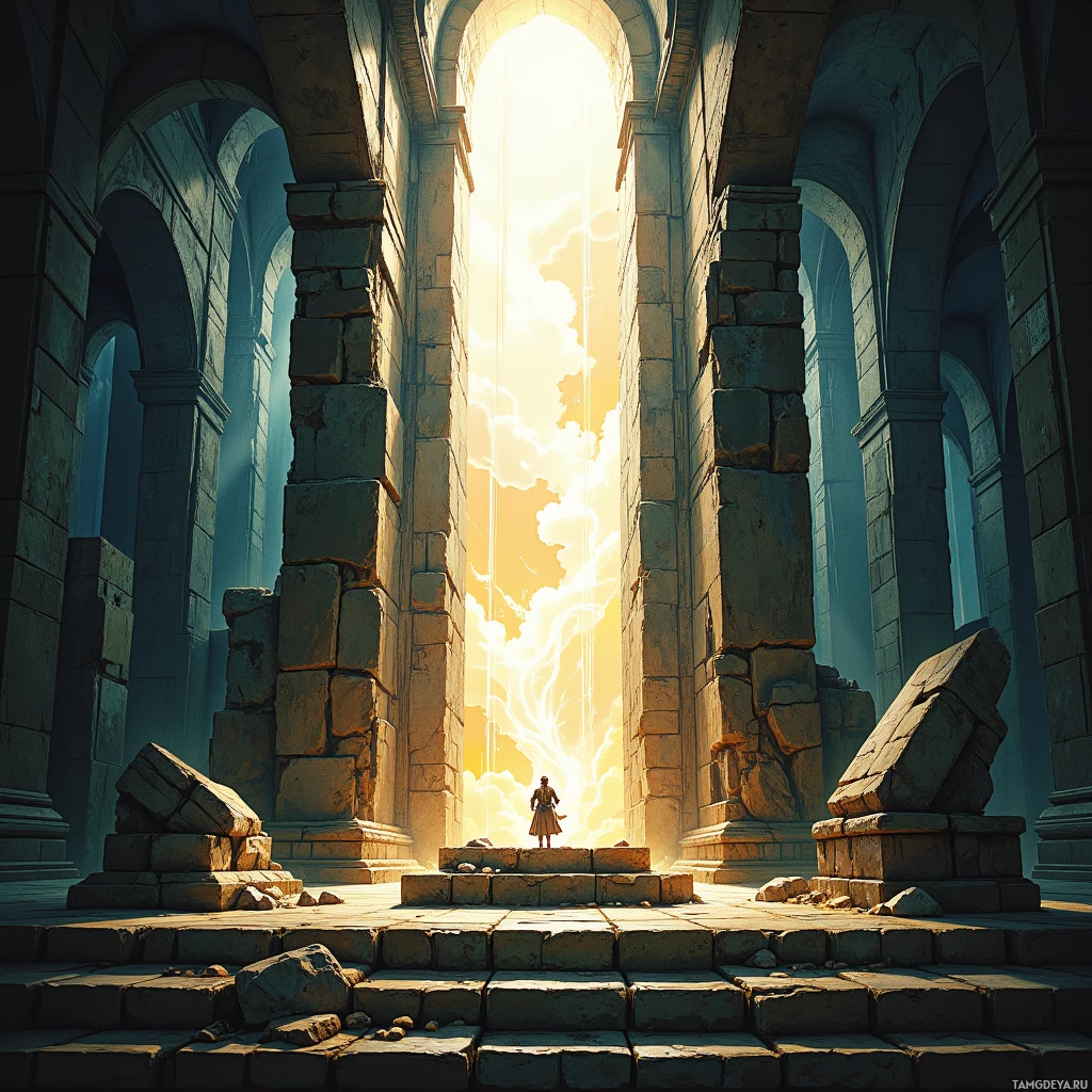 A lone figure stands before a grand, sunlit archway in an ancient stone structure.