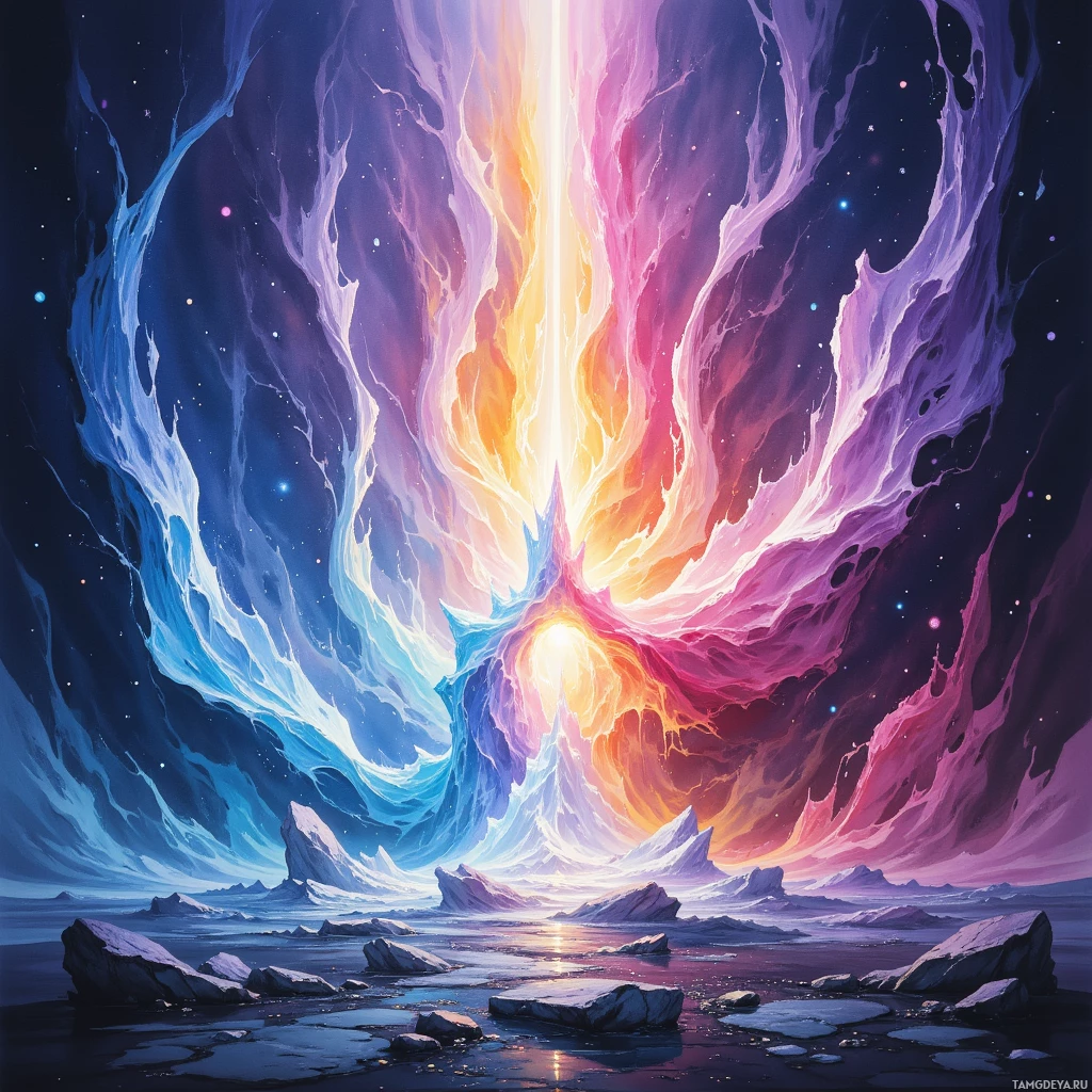 A vibrant cosmic scene with swirling nebulae and icy landscapes.