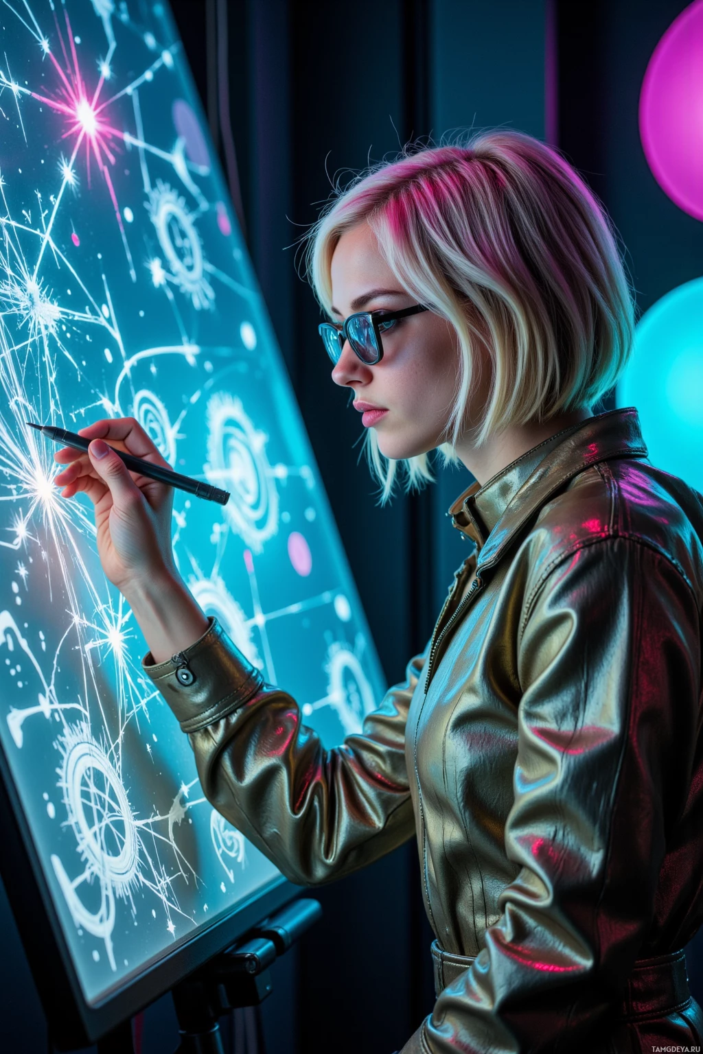 A person in a shiny jacket draws on a glowing screen with a stylus.