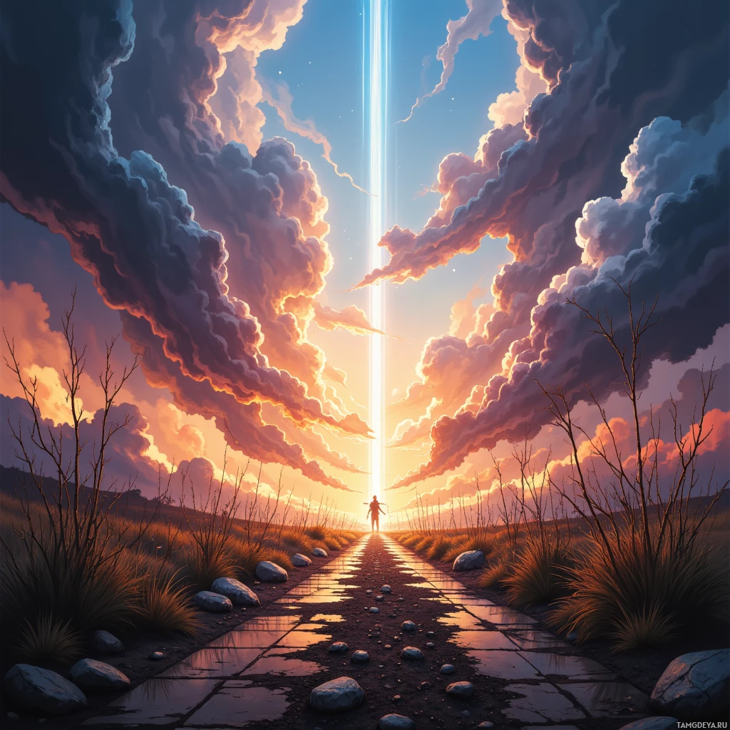 A serene landscape with a person walking down a path under a dramatic sky.