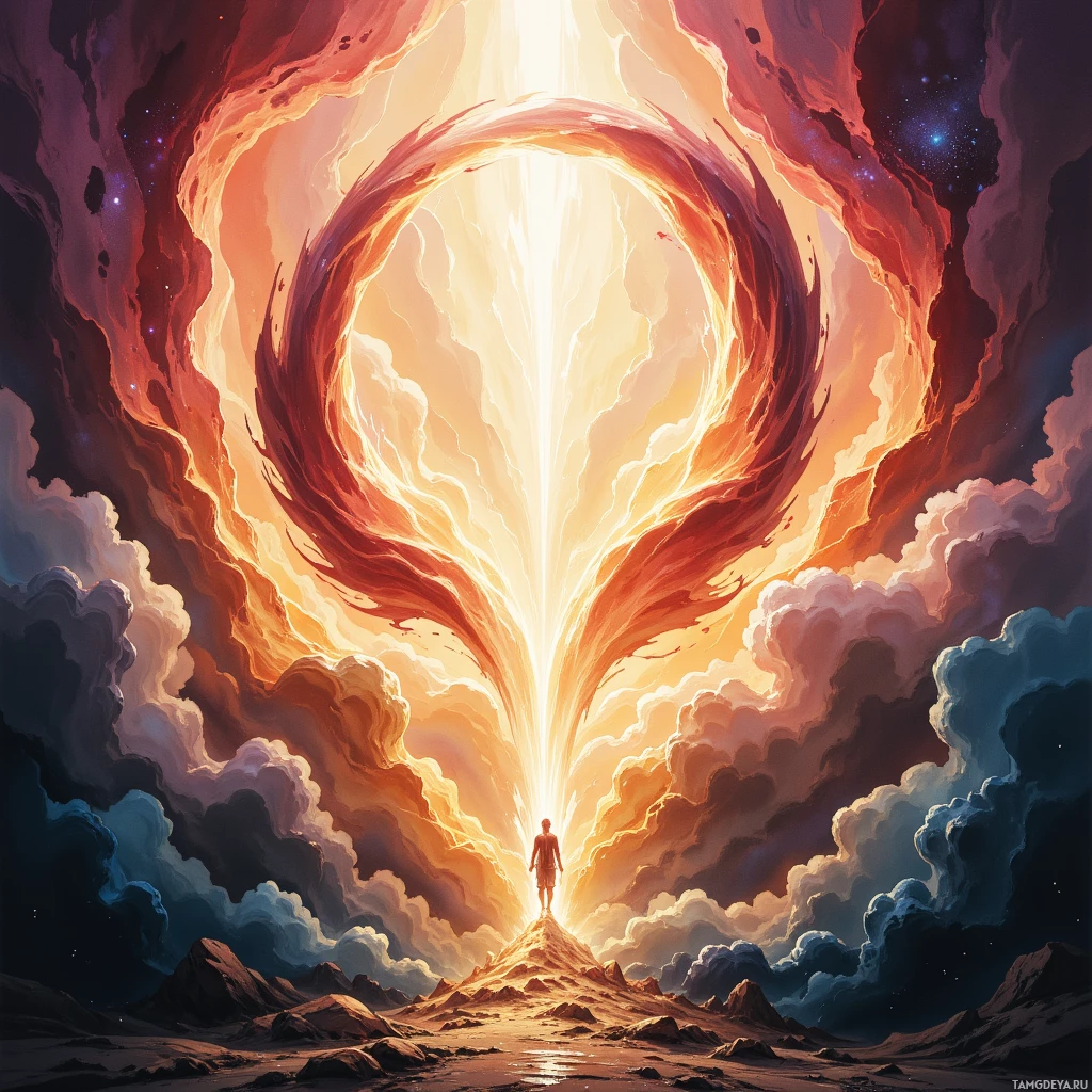 A person stands on a rocky peak, gazing upward at a radiant, glowing portal in the sky.