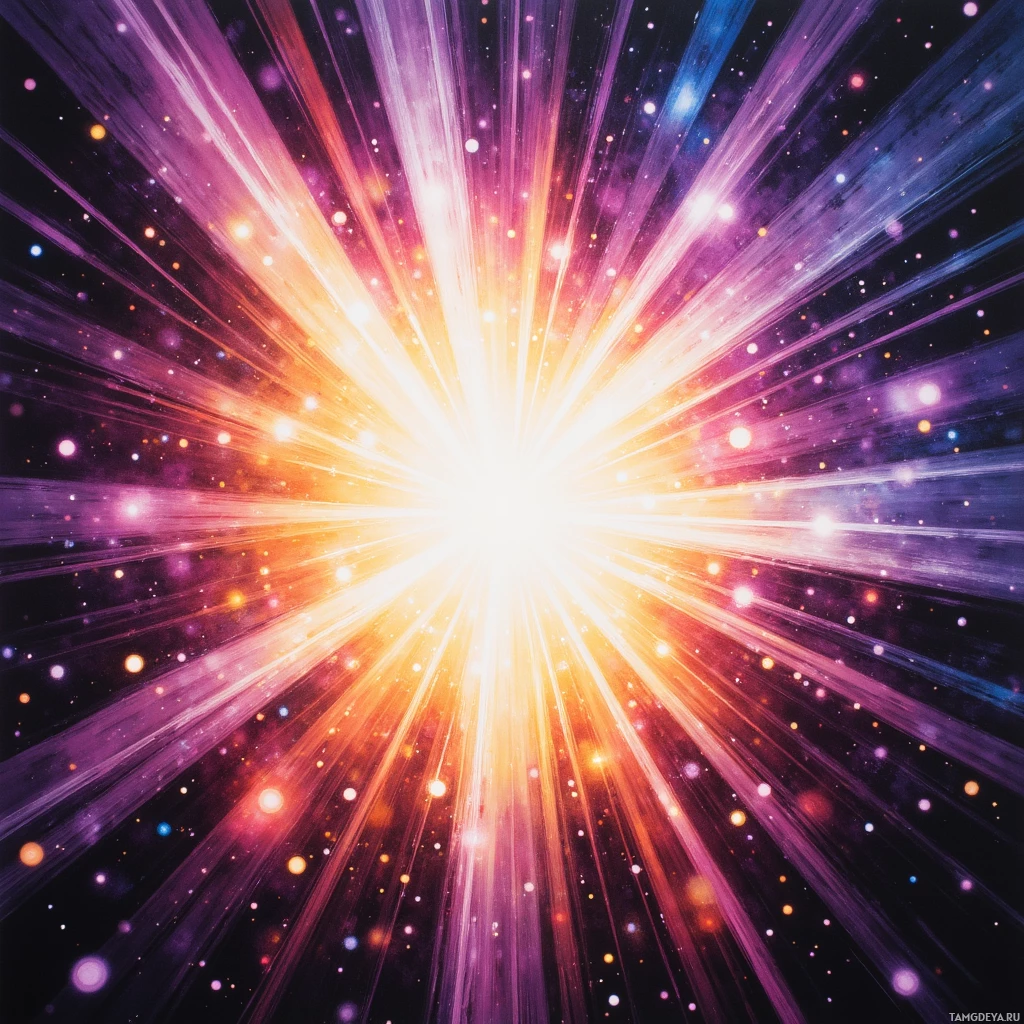 A vibrant cosmic scene with radiant light beams and scattered stars.