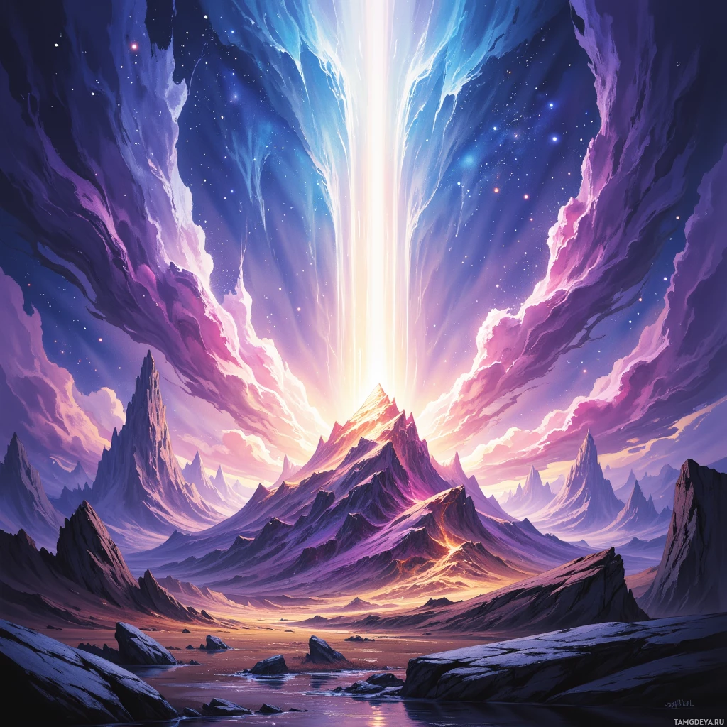 A fantastical landscape featuring towering, jagged mountains under a vibrant sky with streaks of light and stars.