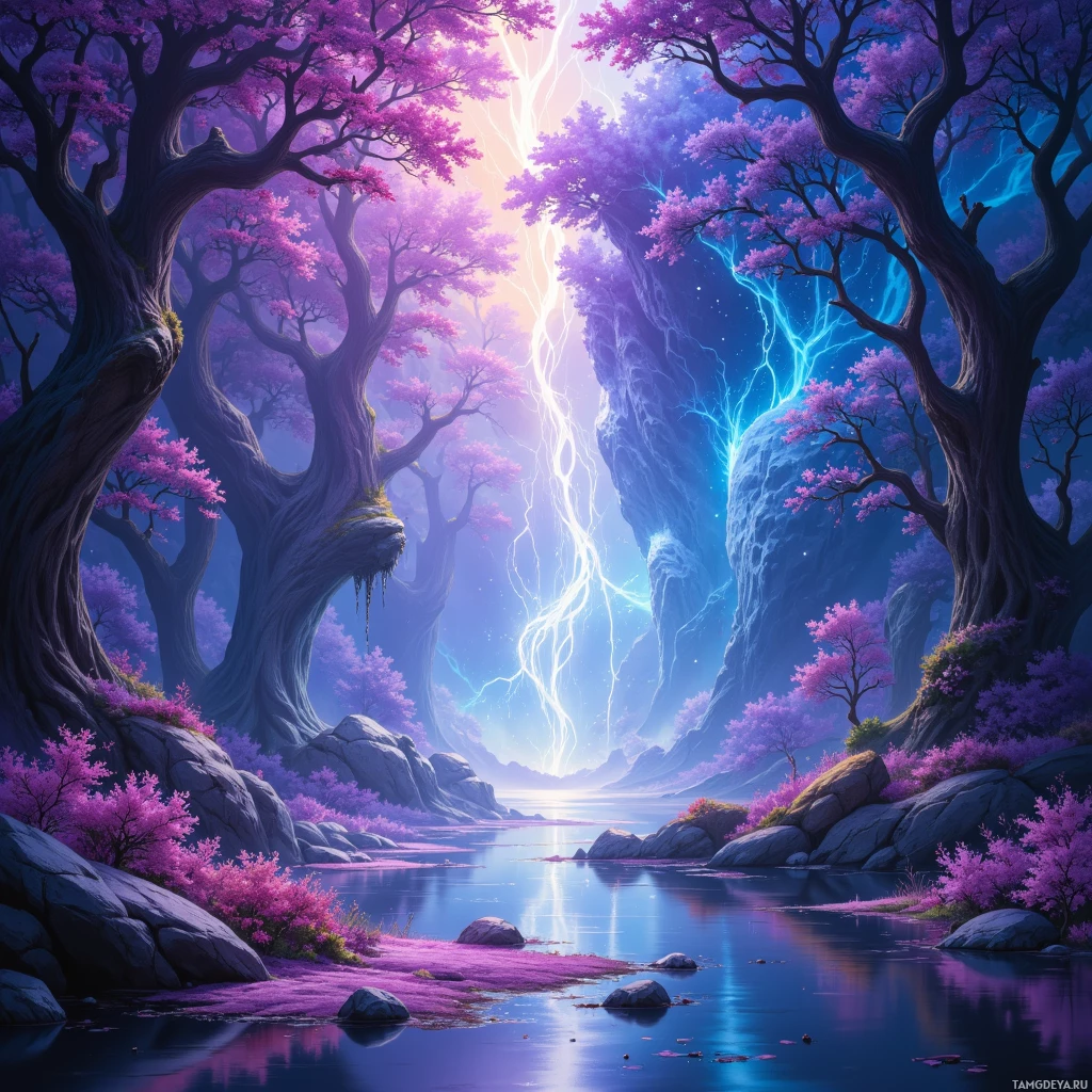 A serene landscape with purple blossoms, rocky cliffs, and a glowing light streaking through the sky.