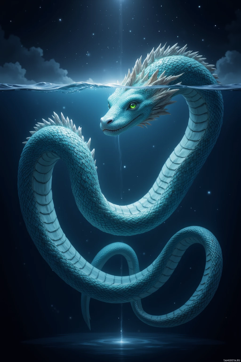 A serene blue dragon with glowing green eyes and spiky scales is depicted swimming gracefully in a dark, starlit underwater scene.