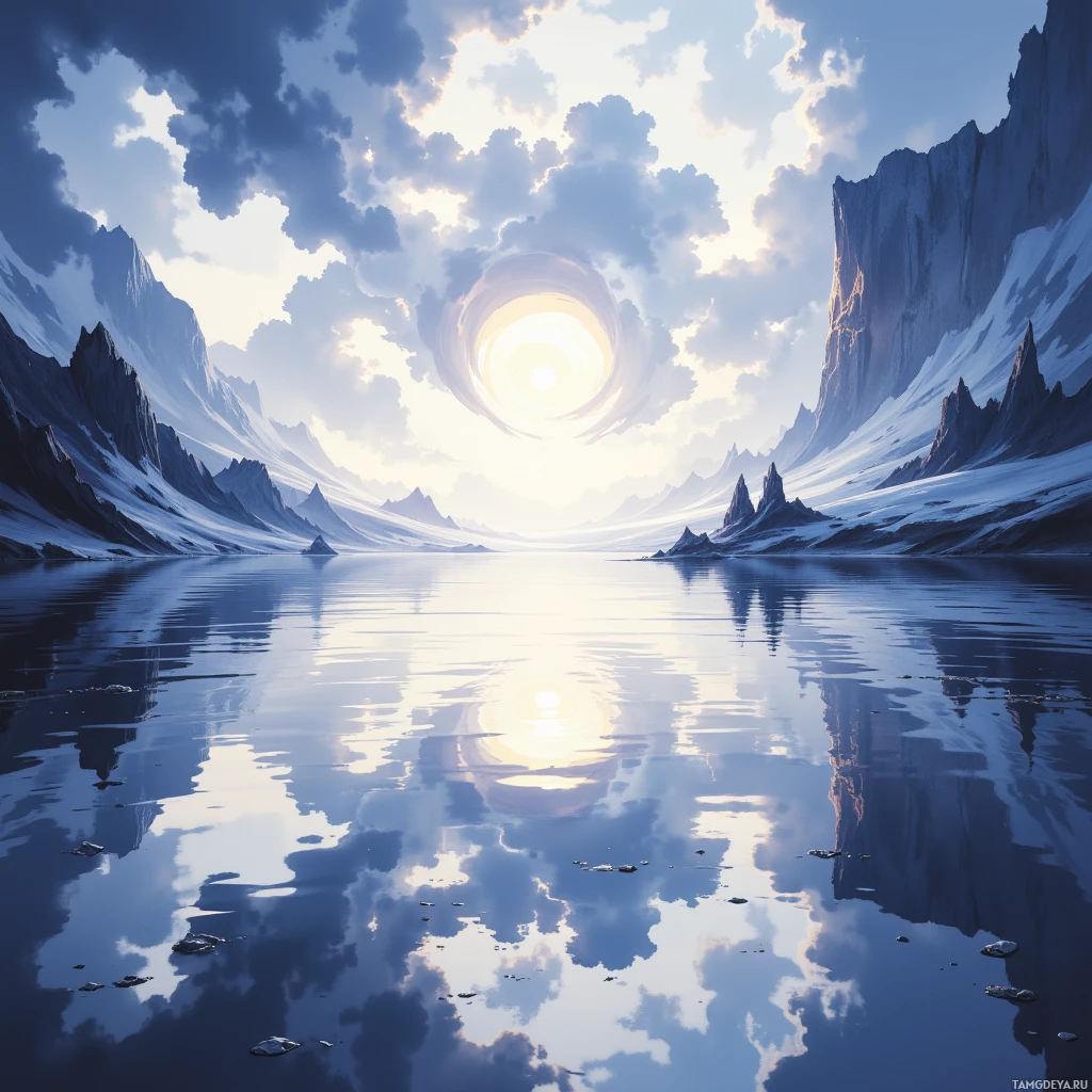 A serene landscape featuring a reflective body of water, snow-capped mountains, and a glowing celestial body in the sky.