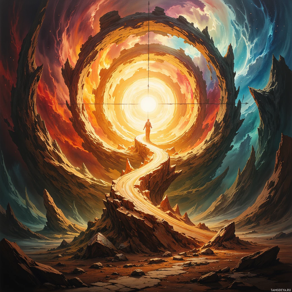 A surreal landscape featuring a figure walking towards a bright, glowing portal surrounded by swirling cosmic colors and rocky terrain.