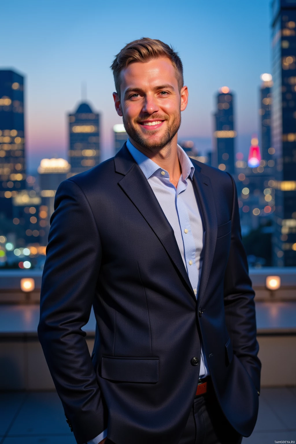 A man in a suit stands with a cityscape in the background.