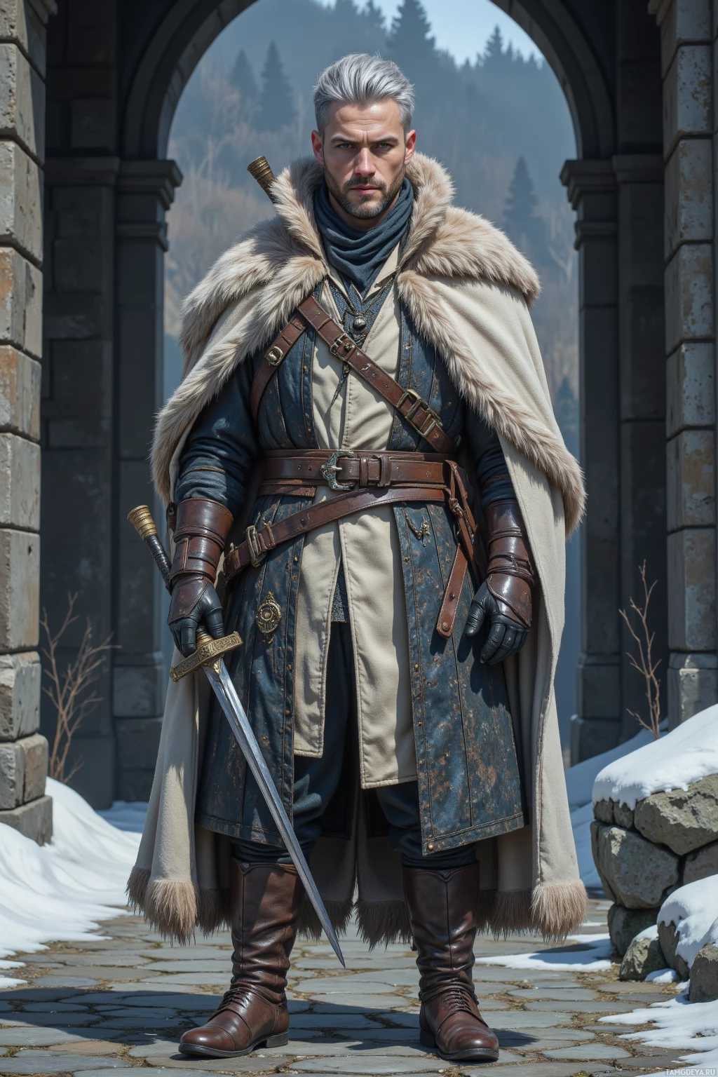 A person dressed in medieval-style armor and fur stands in front of a stone archway.
