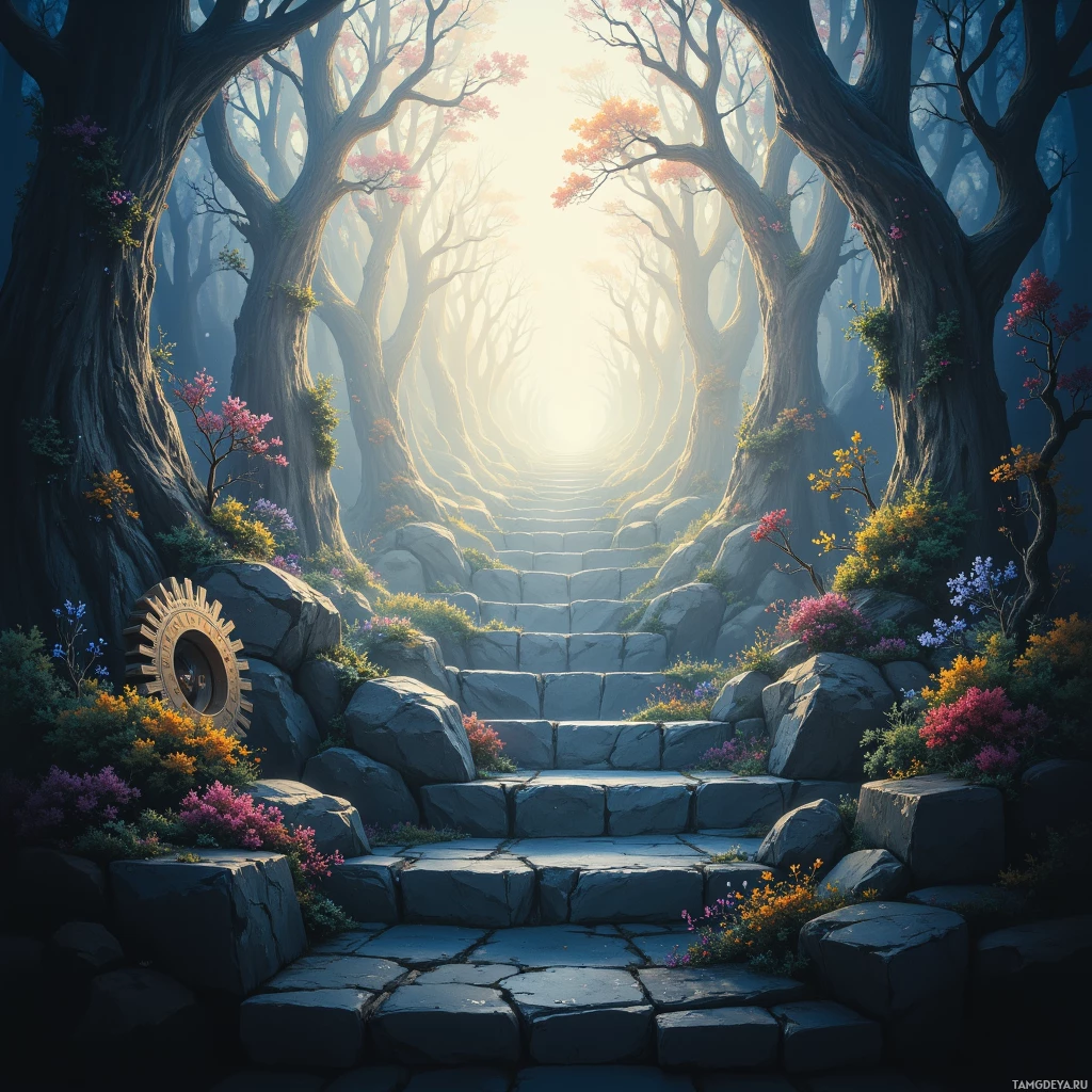 A mystical forest path leads to a bright light at the end, flanked by tall, twisted trees and vibrant flowers.